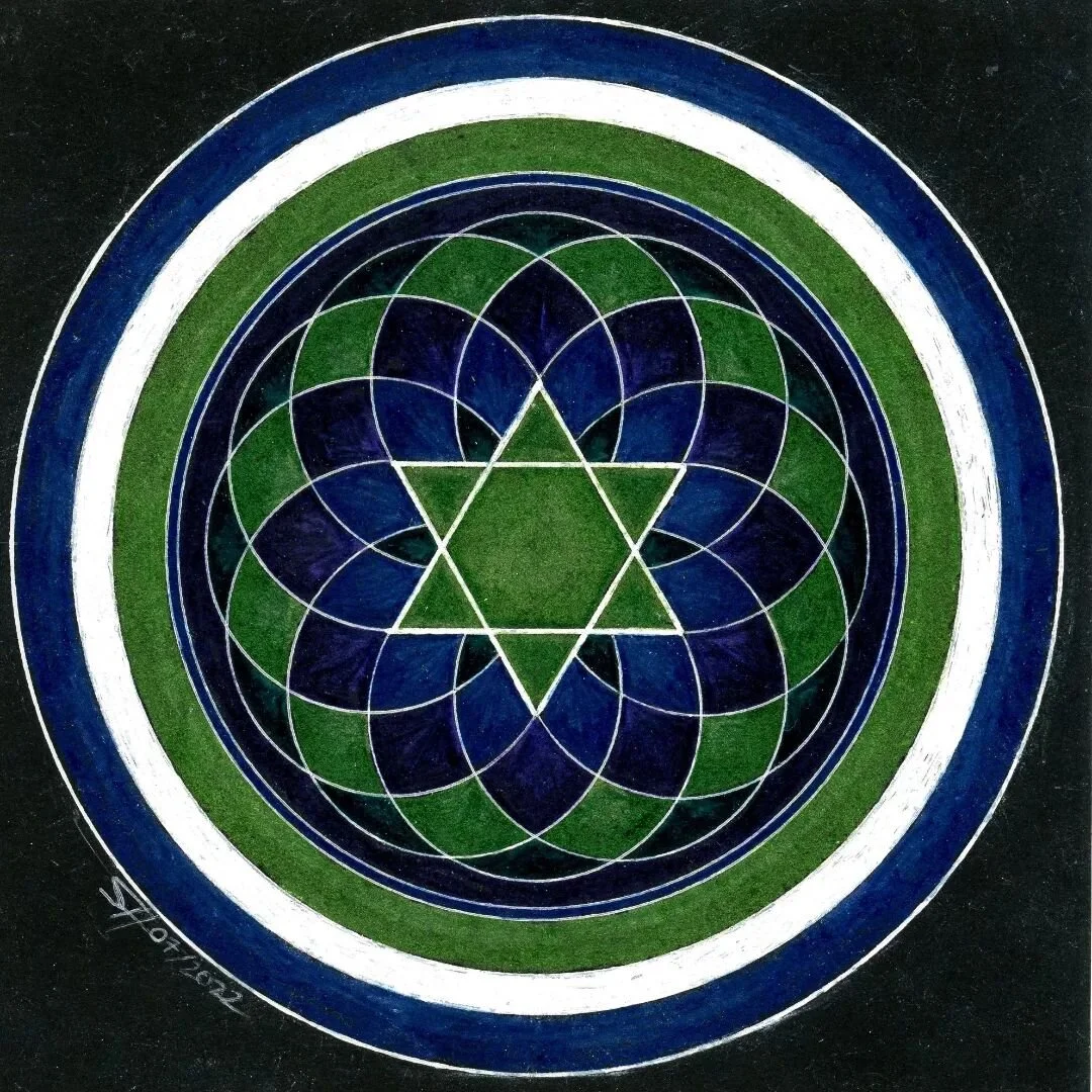The point where manifest and unmanifest exist together.
The balance of masculine and feminine
The yin and the yang
All are present in the Heart
Anahata
6x6 inch black multimedia paper
White Gel Pen and coloured pencils
#saraheslingtonvc #mandala #m