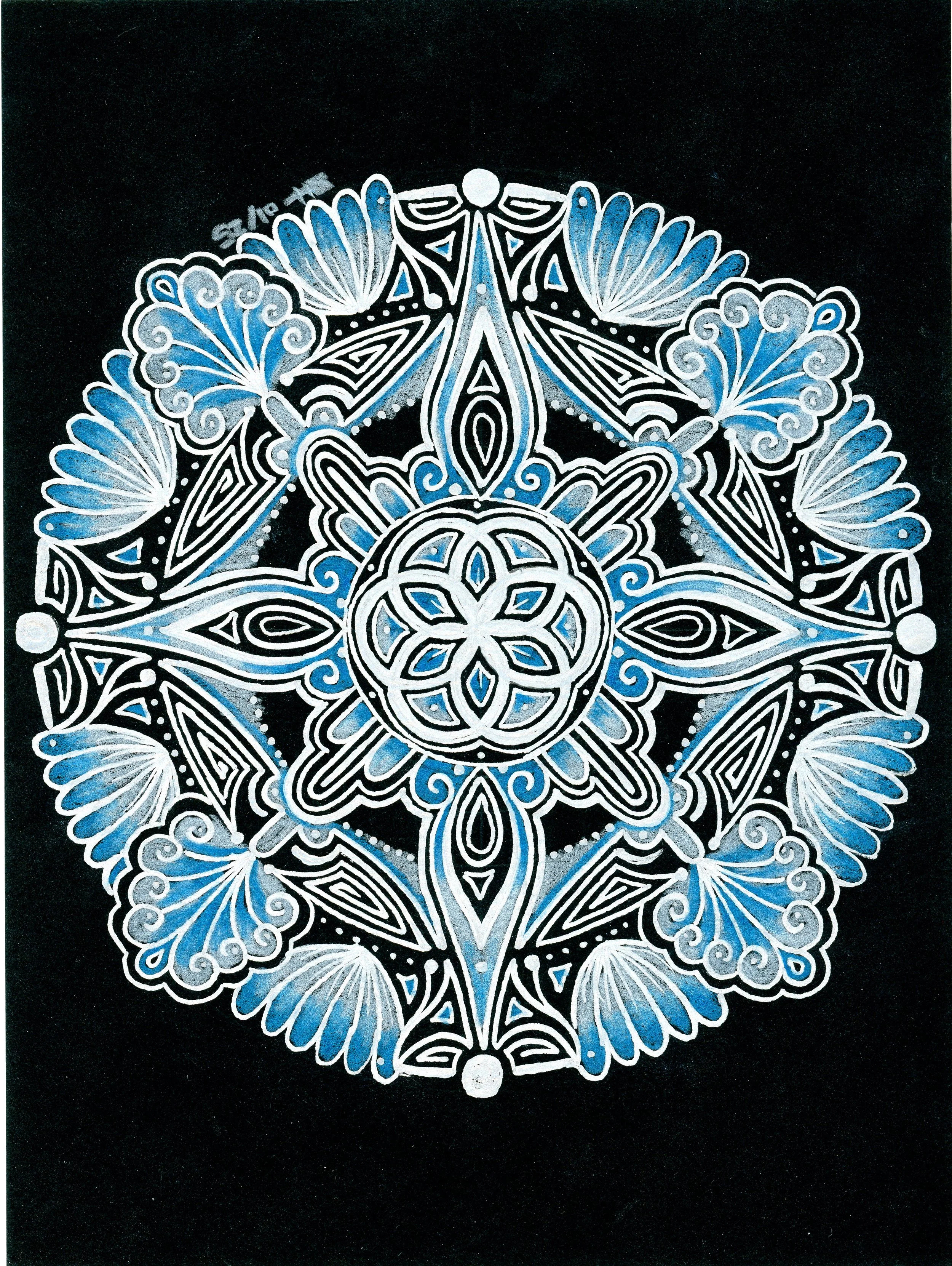 Winter Mandala
Black Mixed Media, Acrylic Pen, Coloured Pencils |
6x8in | $60