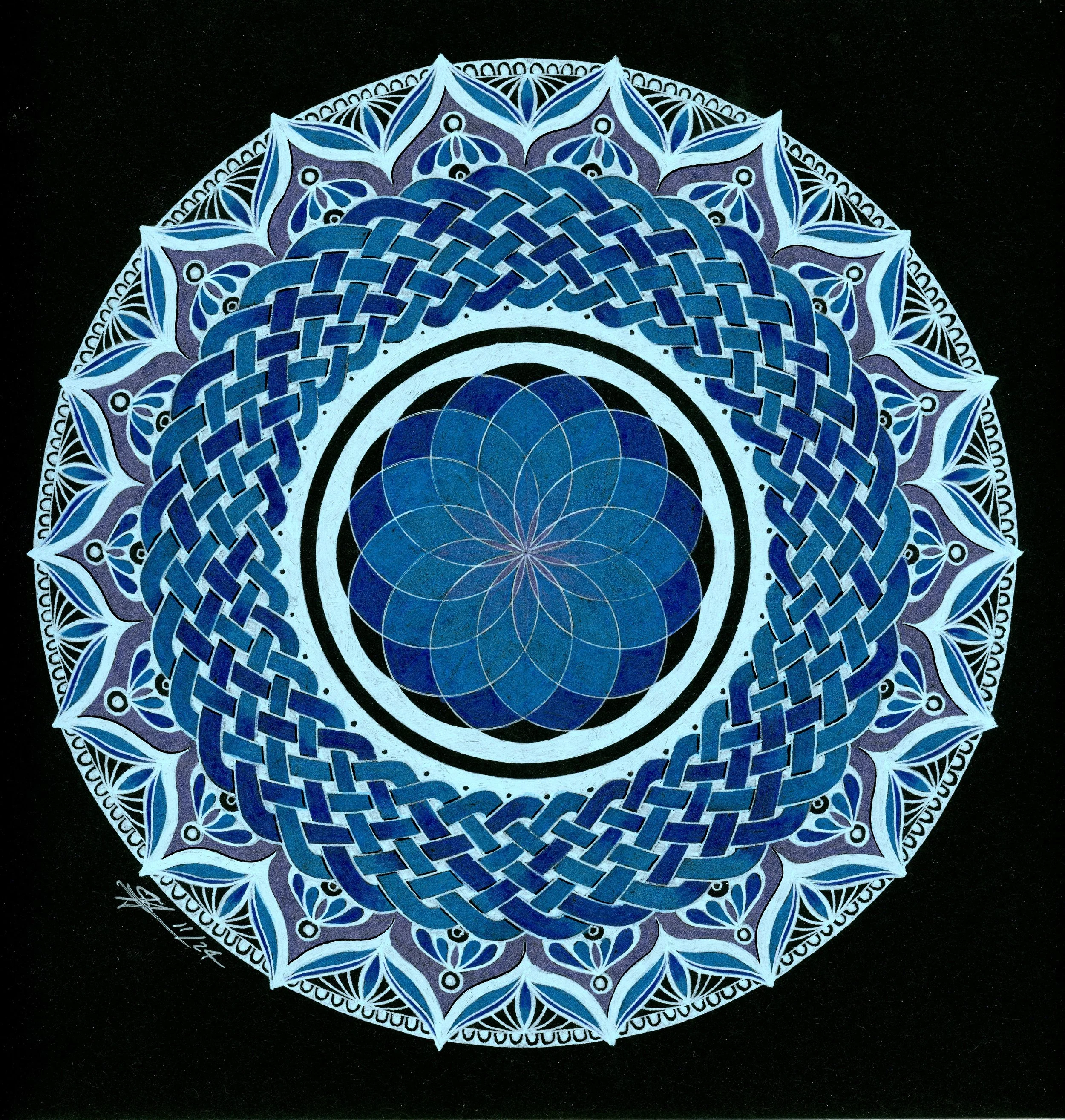 Blue Mandala Knot 
Black Multimedia Bristol, Gel Pen, Coloured Pencil | 
9x9in | $85