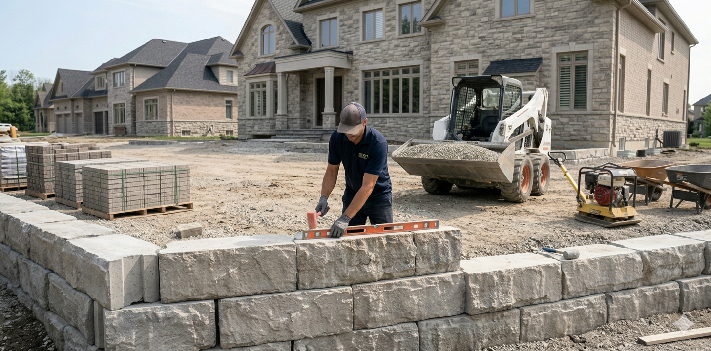 Spitz's team working on a residential construction project in Peel with a retaining wall and entire landscape renovation
