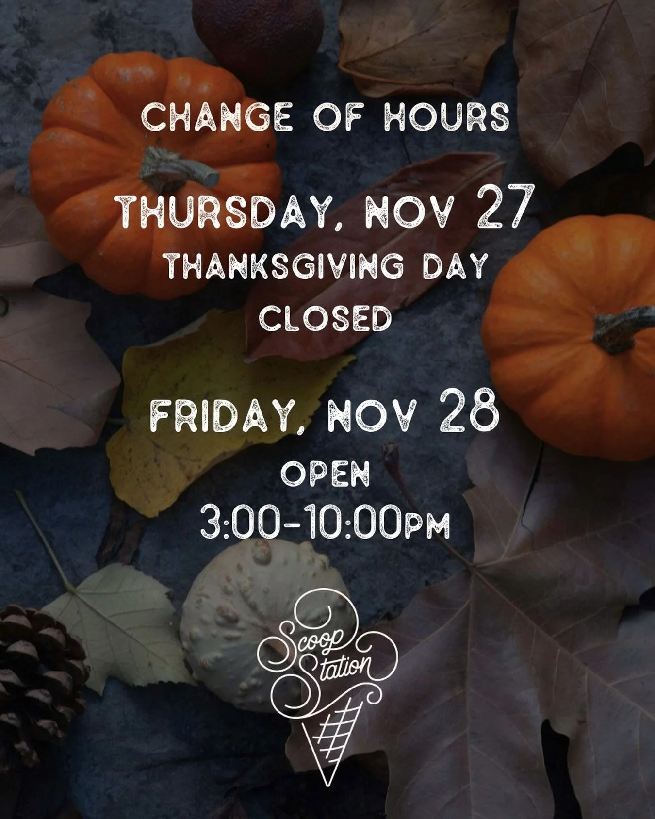Please note our change of hours for this week. Closed on Thanksgiving Day and later opening at 3pm on Black Friday. Make sure to pick up your Thanksgiving goodies by Wednesday!