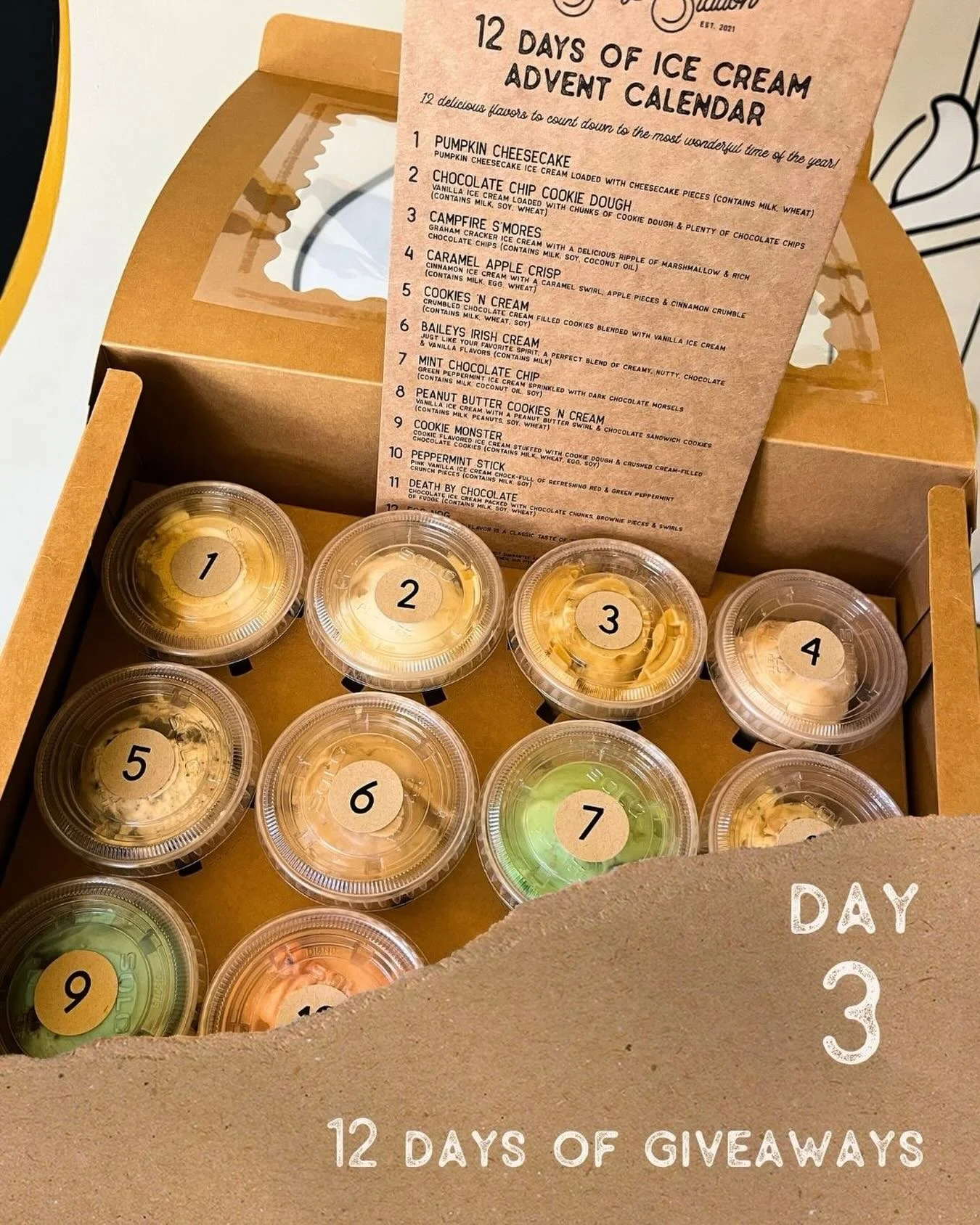 🎄12 DAYS OF GIVEAWAYS: DAY 3🎄
⠀⠀⠀⠀⠀⠀⠀⠀⠀ 
For Day 3 (Dec 12), one lucky winner will skip outta here with our 12 Days of Ice Cream Advent Calendar! 12 delicious flavors to count down to the most wonderful time of the year! 
⠀⠀⠀⠀⠀⠀⠀⠀⠀ 
To enter,
🌲 Fo