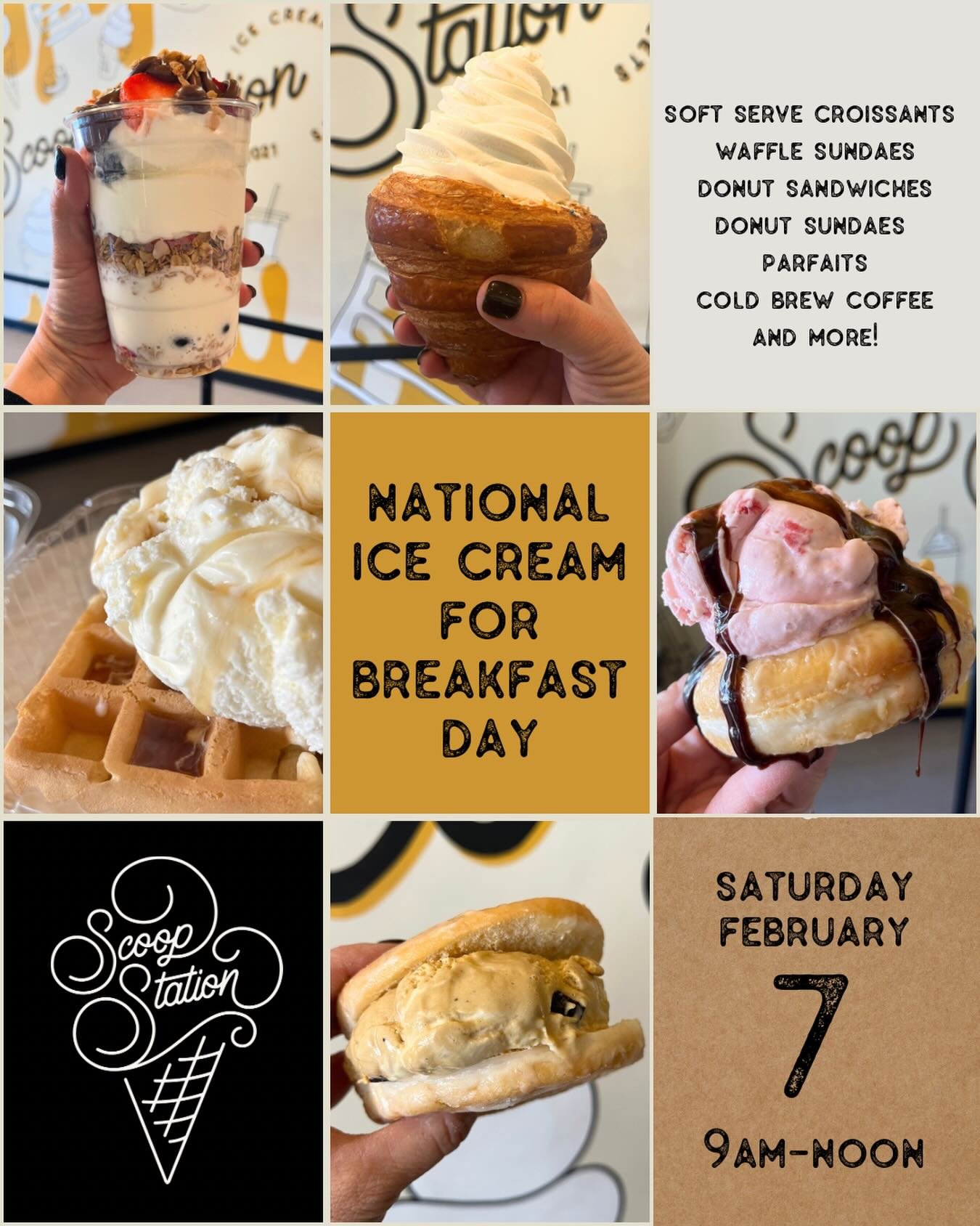 Just one week until the best morning of the year&hellip; ICE CREAM FOR BREAKFAST DAY! Put on your coziest pjs and join us Saturday, February 7. We have a delicious limited time menu lined up for you!
⠀⠀⠀⠀⠀⠀⠀⠀⠀⠀⠀⠀⠀⠀⠀⠀⠀⠀
🥐 SOFT SERVE CROISSANT CONE @c