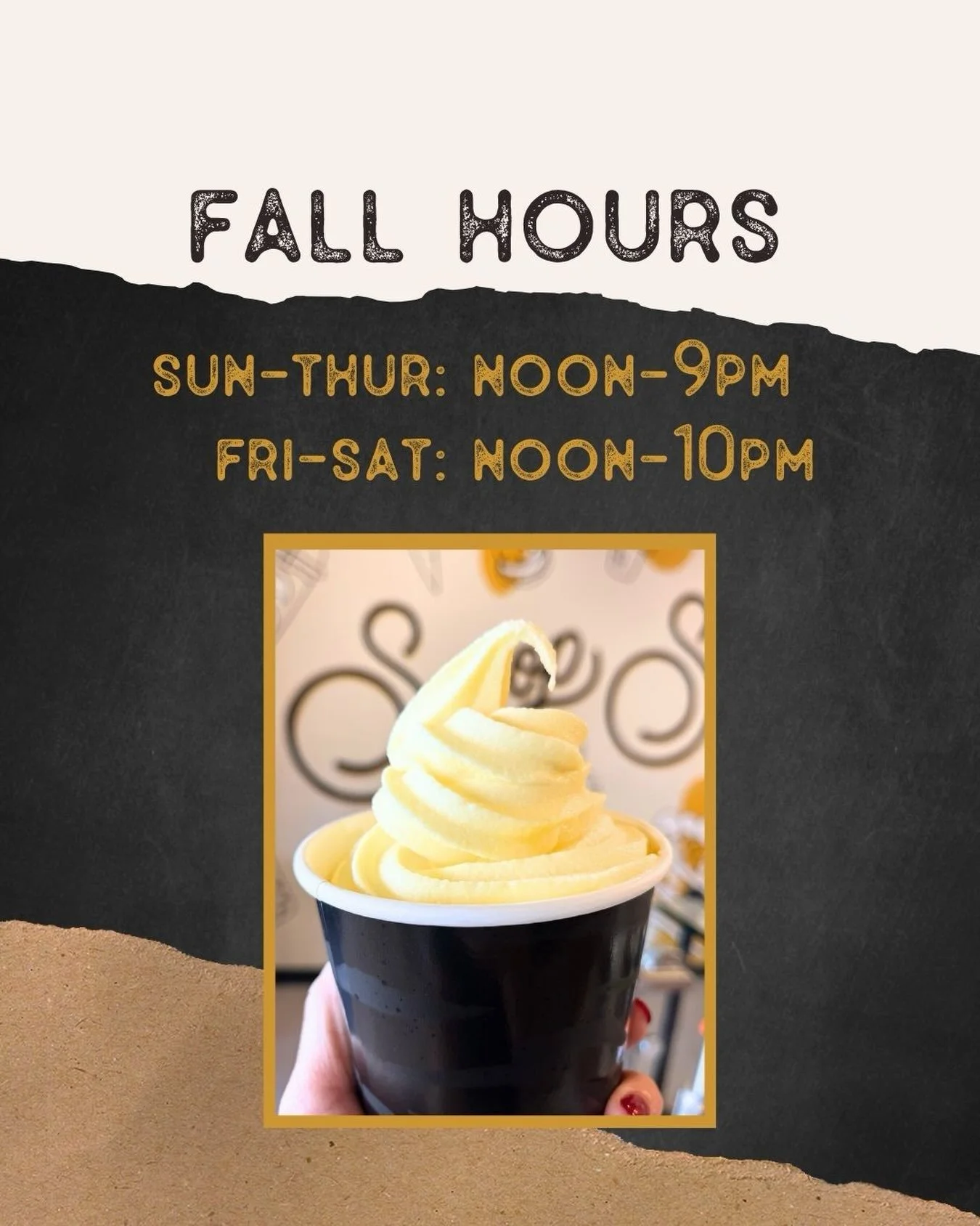 🍂 FALL HOURS ARE HERE! 🍦
⠀⠀⠀⠀⠀⠀⠀⠀⠀⠀⠀⠀⠀⠀⠀⠀⠀⠀ 
Happy Labor Day! Starting today, we&rsquo;re switching to our fall hours! 🤎
⠀⠀⠀⠀⠀⠀⠀⠀⠀⠀⠀⠀⠀⠀⠀⠀⠀⠀
Sunday-Thursday: Noon to 9pm
Friday-Saturday: Noon to 10pm
⠀⠀⠀⠀⠀⠀⠀⠀⠀⠀⠀⠀⠀⠀⠀⠀⠀⠀ 
Same ice cream. Same craving