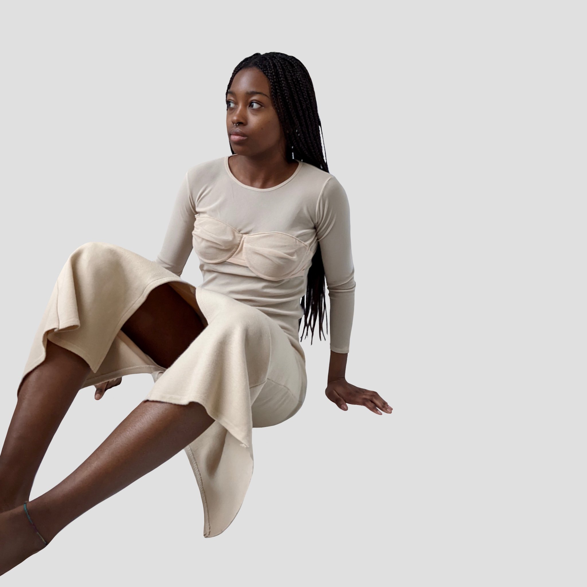 vintage upcycling strab fashion mode seconde-main shooting vente Vetements jupe longue maille nude creme beige