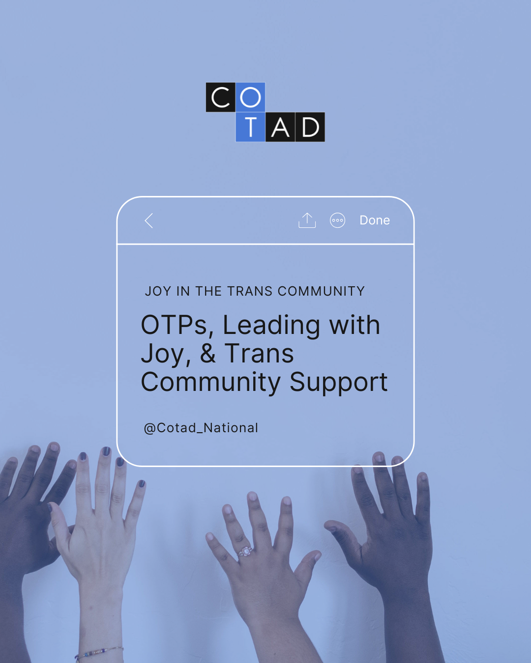 Happy Pride, advocates! COTAD chats with Holly Reid and @jvfennell about joy in the trans community and how OTPs can lead with joy in our work to support trans people.

We highlight Holly’s recent publication:
“Defying the deficit: imagining intersec