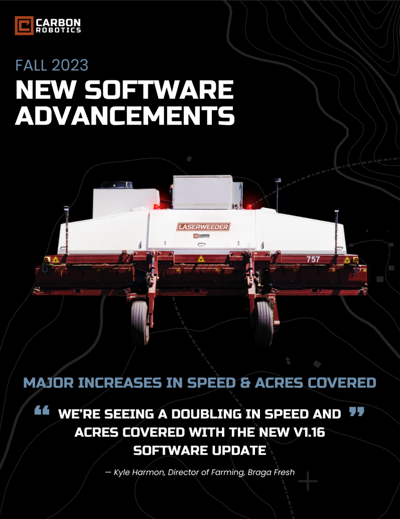 Promotional poster for Carbon Robotics showcasing new software advancements for Fall 2023. Features an image of the "LaserWeeder" machine. Includes a quote about doubling speed and acres covered with version 1.16 of the software.