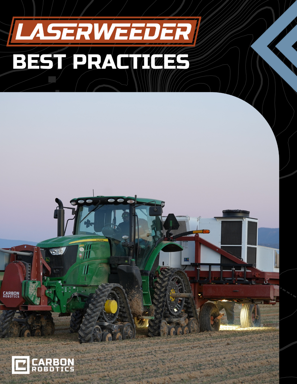 Tractor using LaserWeeder technology by Carbon Robotics in a field during sunset.