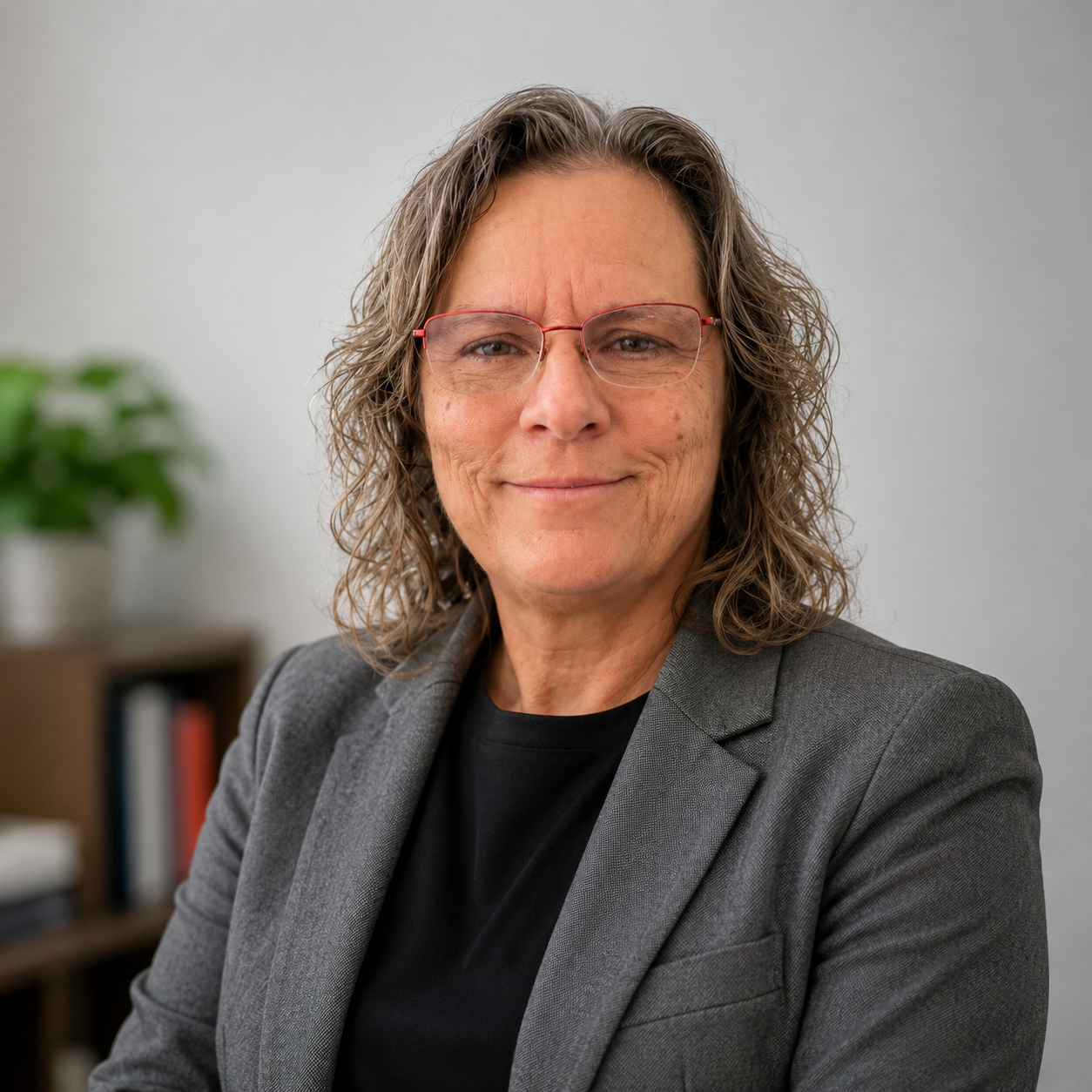 A middle-aged woman with wavy gray hair and red glasses smiling, wearing a gray blazer and black shirt, in an office setting with a plant and bookshelf in the background.