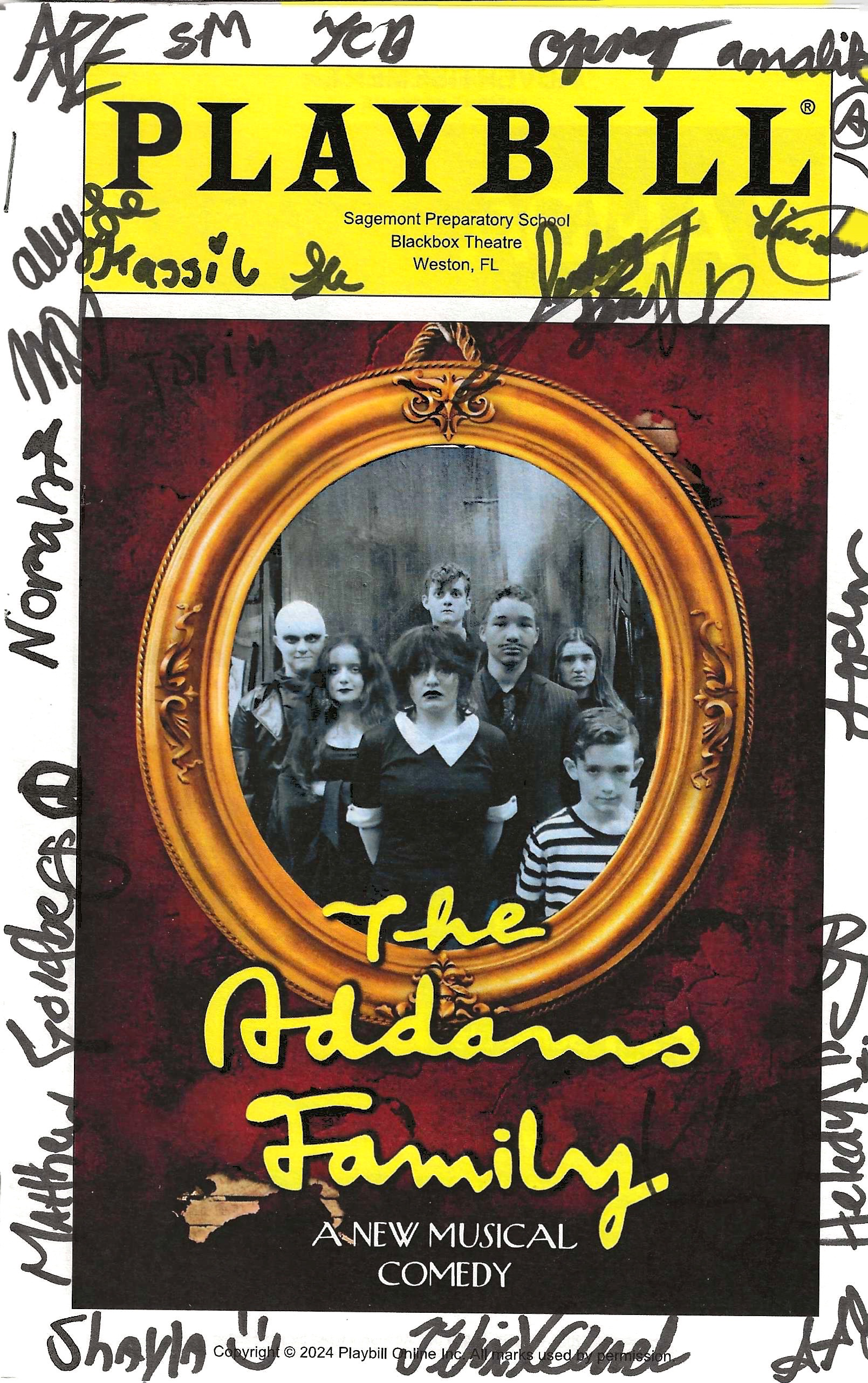 Playbill cover for 'The Addams Family' musical, featuring a framed photograph of characters from the show, with the title and description indicating it's a comedy.