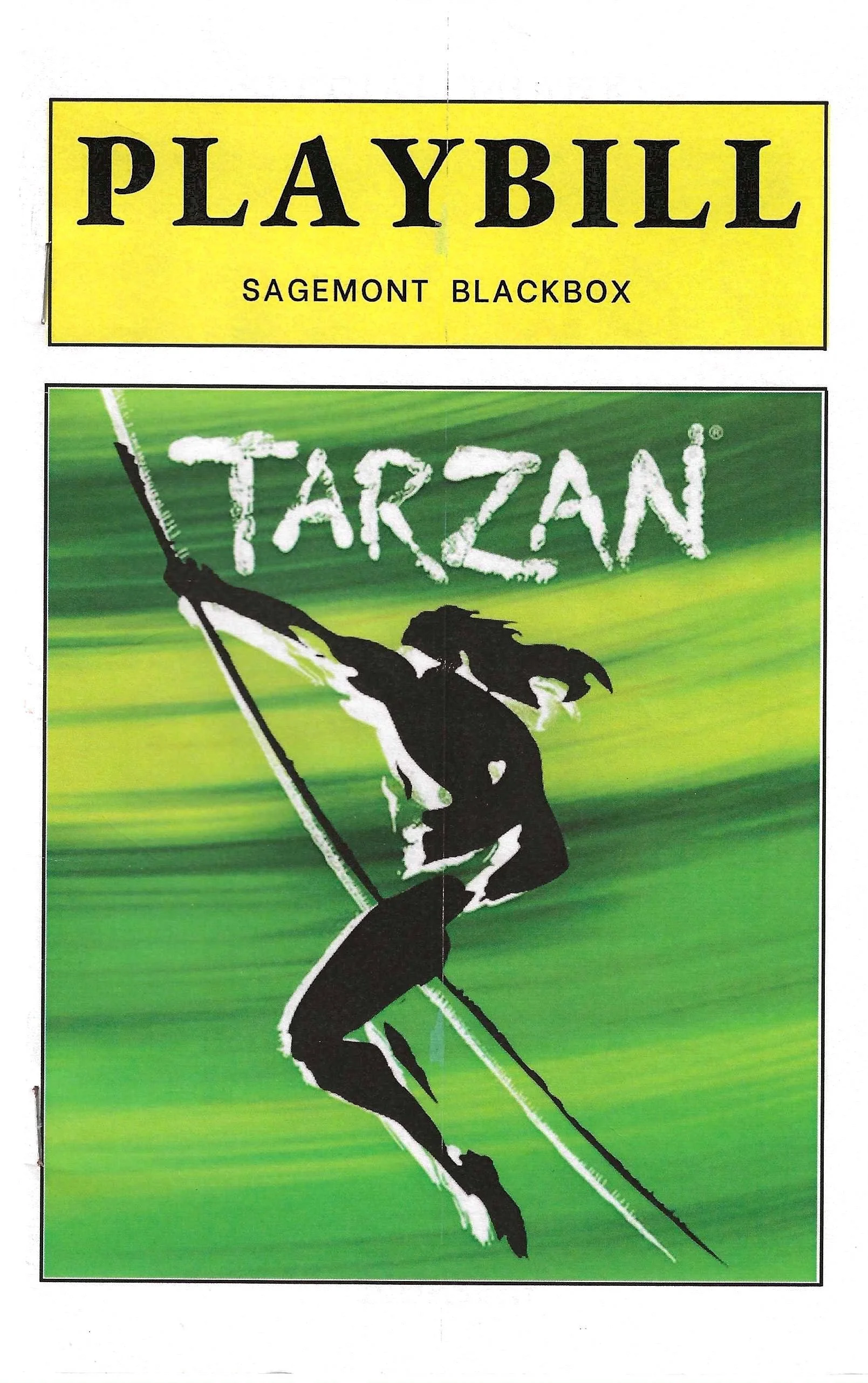 Cover of a Playbill for the musical Tarzan, featuring a silhouette of a person swinging on a vine against a green background, with the title "Tarzan" written in white, distressed font.