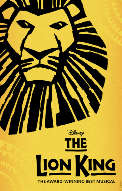Poster for Disney's "The Lion King" musical with a stylized black lion's face and mane on a yellow background, featuring the title and logo.