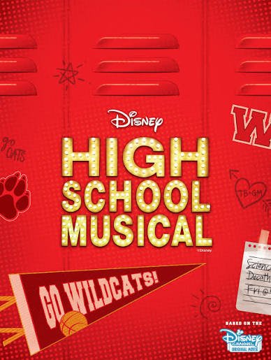 Cover of Disney's High School Musical musical script with red background, yellow title text, and Disney logo.