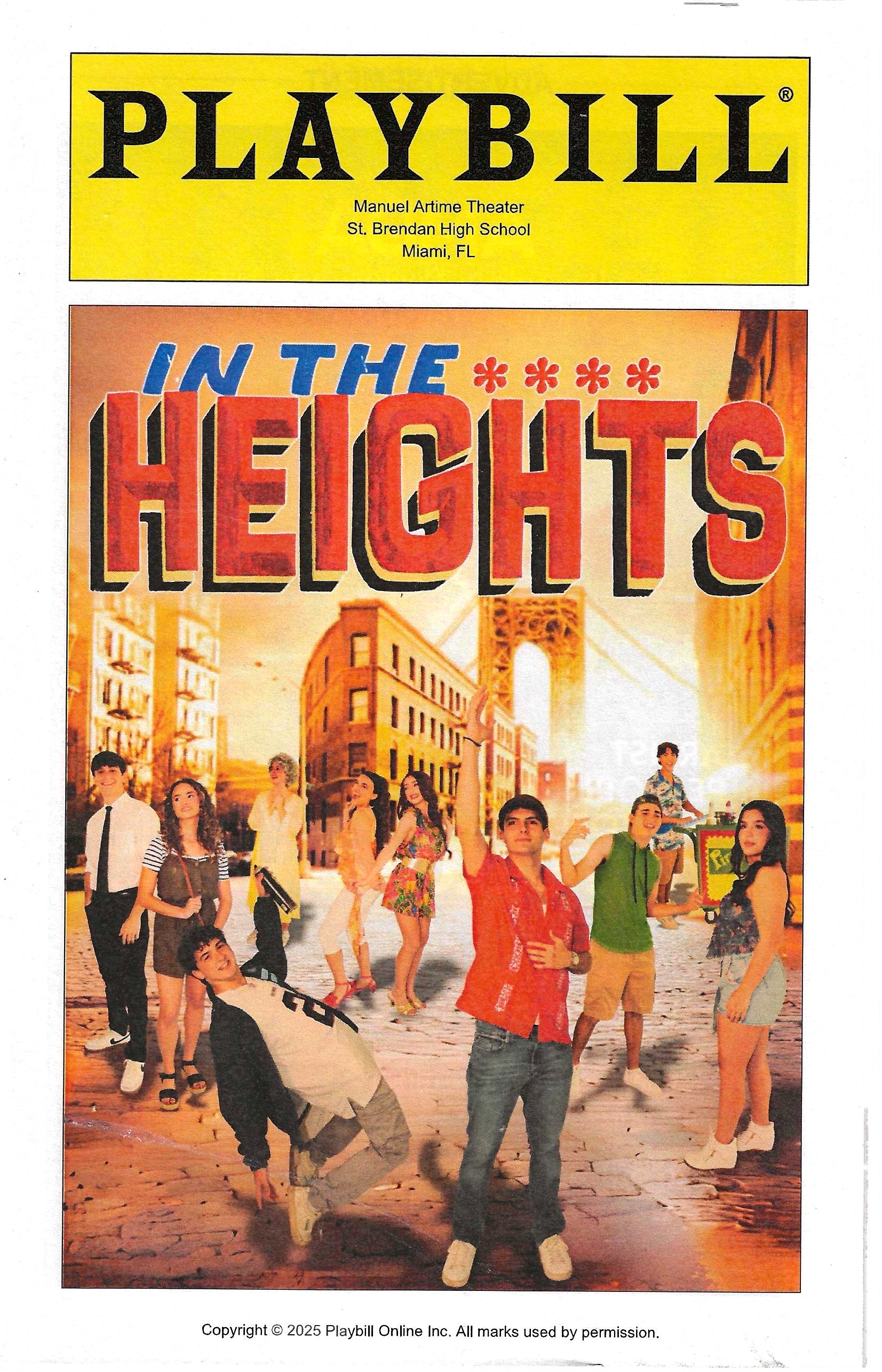 Cover of a Playbill for the musical 'In the Heights' featuring a group of young people walking on a city street, with the Brooklyn Bridge in the background, in a warm-toned photo.