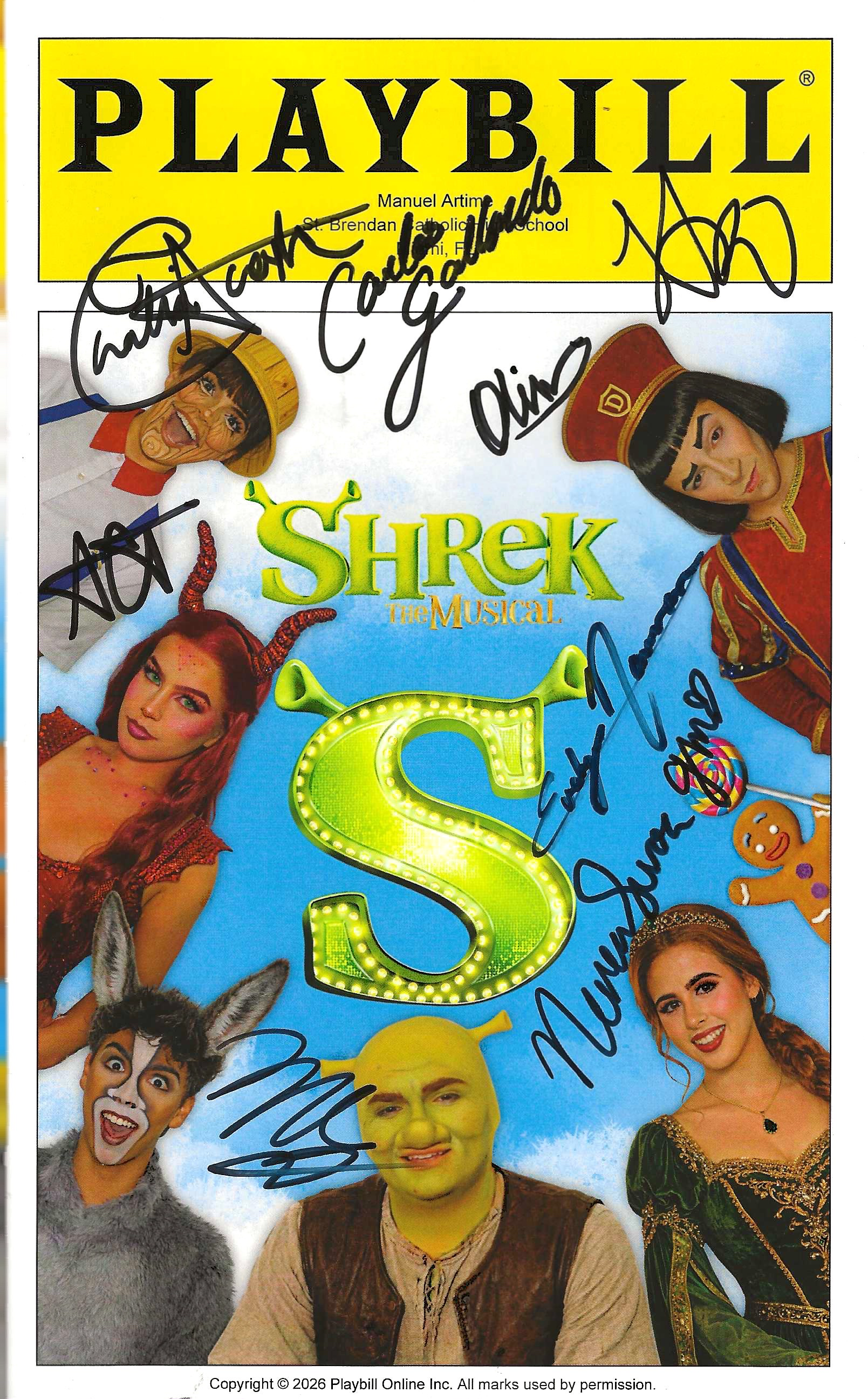 Poster for Shrek the Musical with characters from the show, including Shrek, Donkey, Fiona, and others, all signed by cast members.