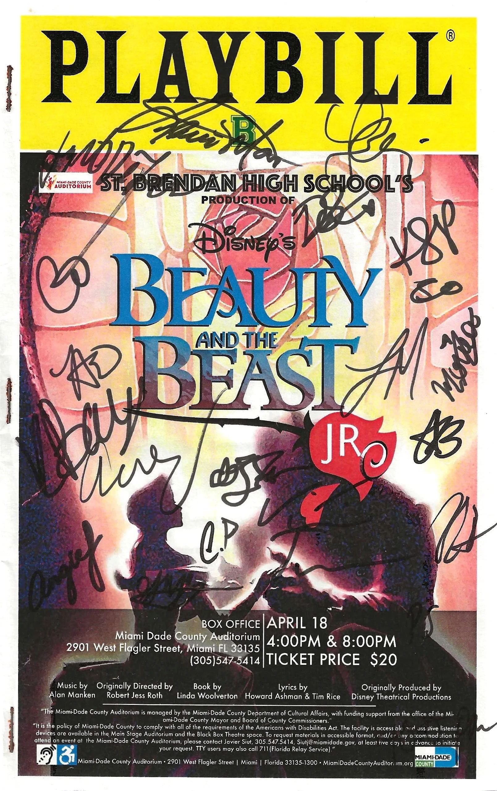 Poster for the production of Disney's 'Beauty and the Beast' performed by St. Brendan High School, with autographs from cast members. The event is at Miami Dade County Auditorium on April 18 at 4:00 PM and 8:00 PM, tickets are $20. The poster include