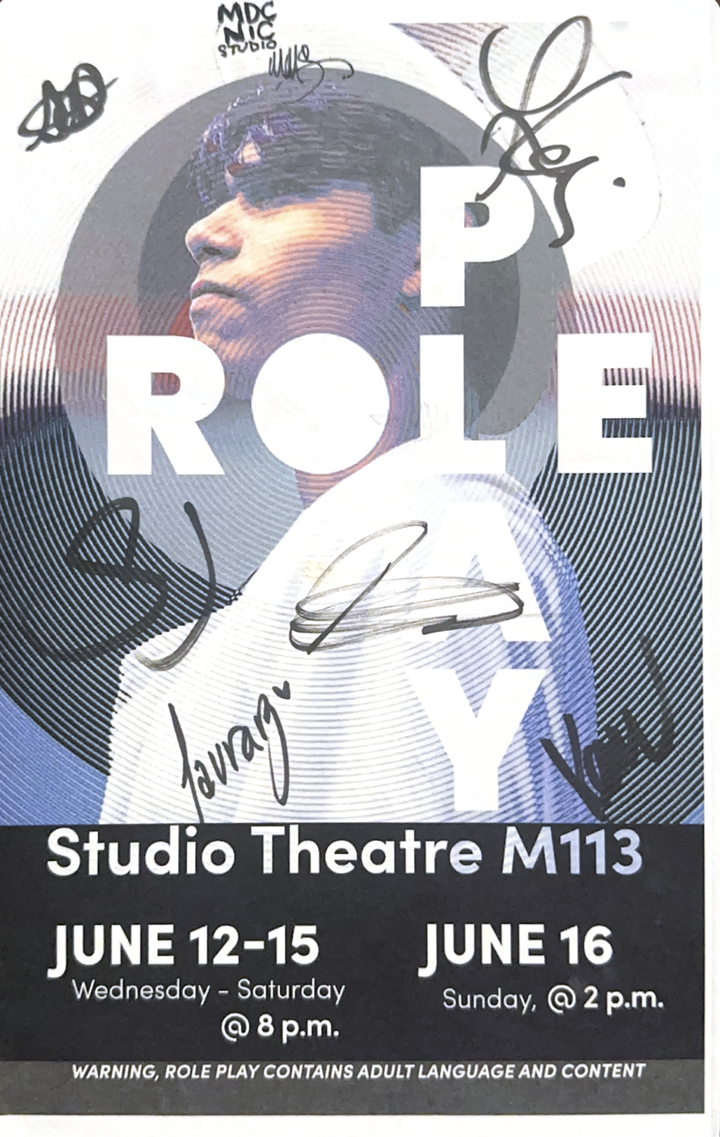 Poster for a role-playing event at Studio Theatre M113, June 12-15 and June 16, with signatures and signatures from participants or organizers.