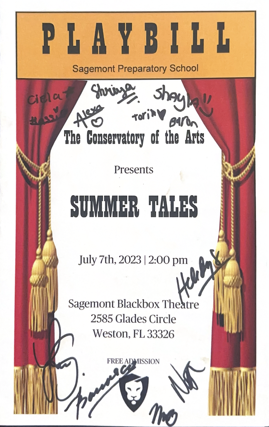 Event flyer for 'Summer Tales' at Sagemont Blackbox Theatre on July 7th, 2023, at 2:00 pm, with handwritten signatures and messages from attendees.