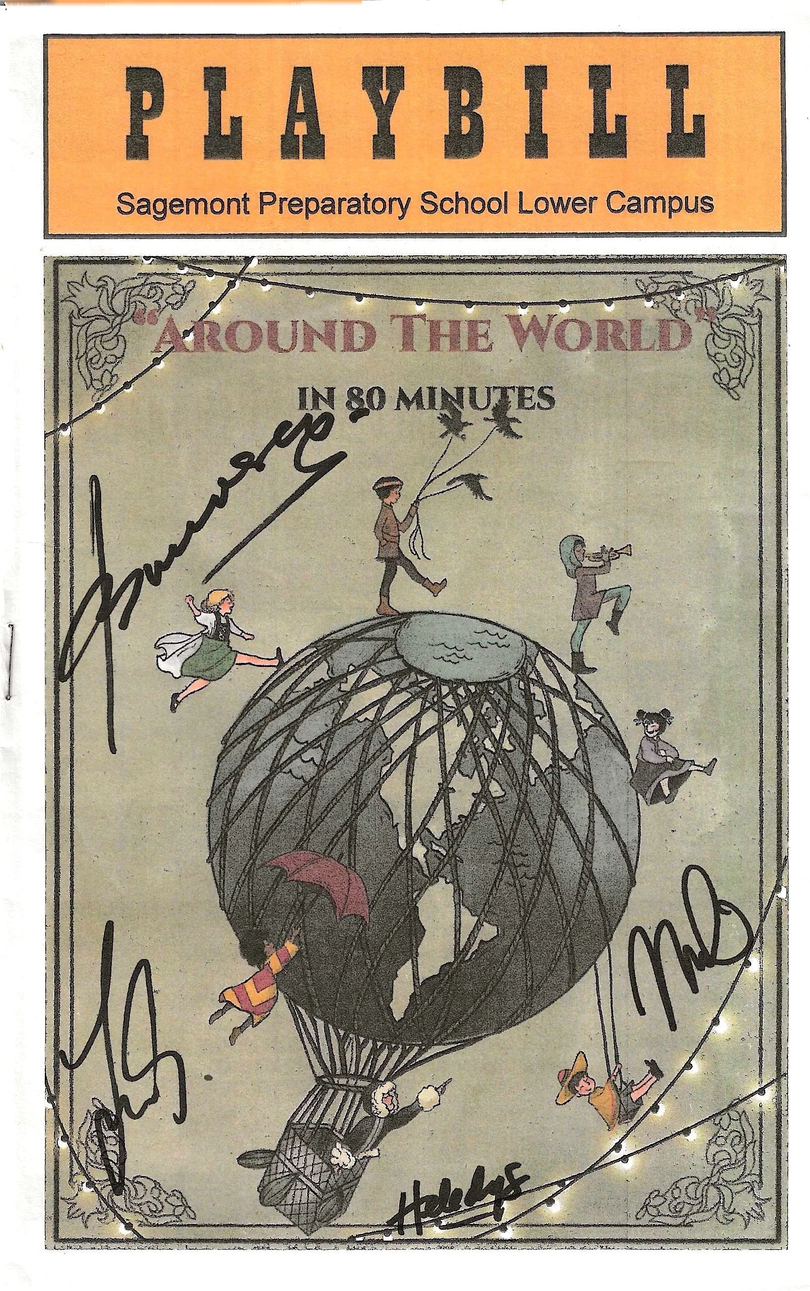 The cover of a Playbill for 'Around the World in 80 Minutes,' featuring a drawing of a hot air balloon shaped like the globe with children and a person holding a telescope, surrounded by decorative floral borders and signatures.