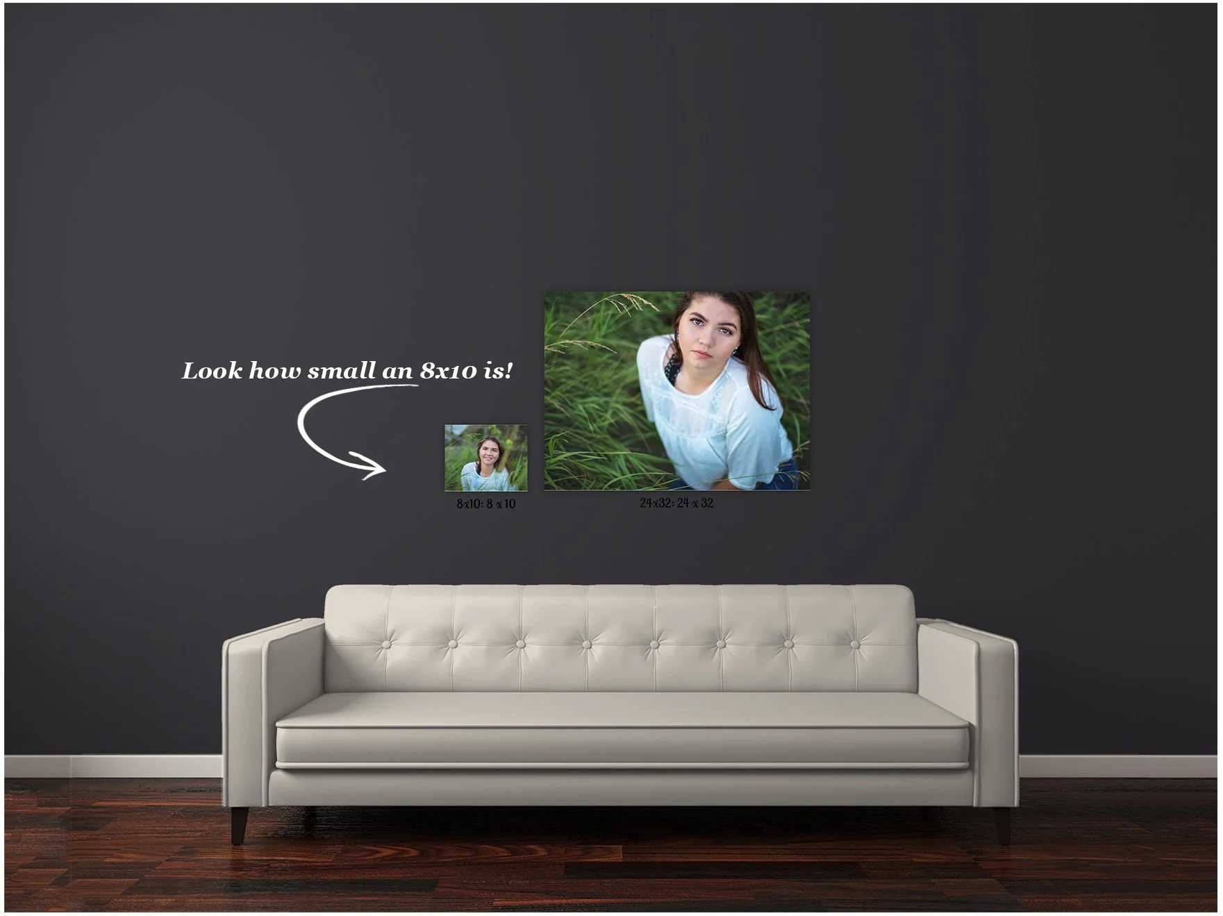 Wall display comparing an 8x10 photo and a 24x32 photo of a woman outdoors with text indicating the smaller photo measures 8x10 inches and the larger 24x32 inches.
