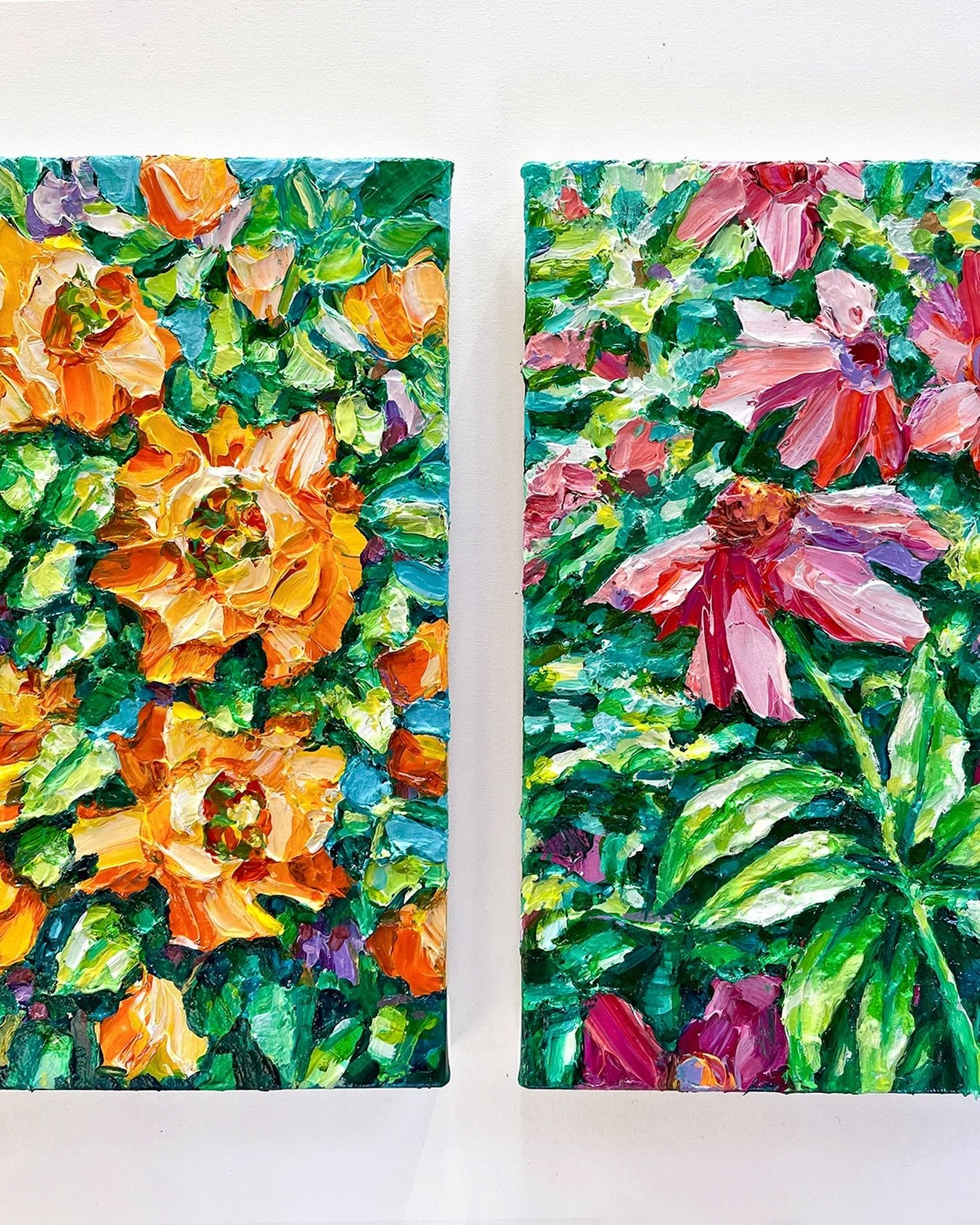 Sharing some floral details from two of the smallest works in my 𝘐𝘮𝘱𝘳𝘦𝘴𝘴𝘪𝘰𝘯𝘴 𝘊𝘰𝘭𝘭𝘦𝘤𝘵𝘪𝘰𝘯. I&rsquo;ve almost finished painting the collection and will be sending out more information, including the release date, to subscribers soon