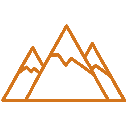 Minimalist line drawing of mountain peaks in brown.