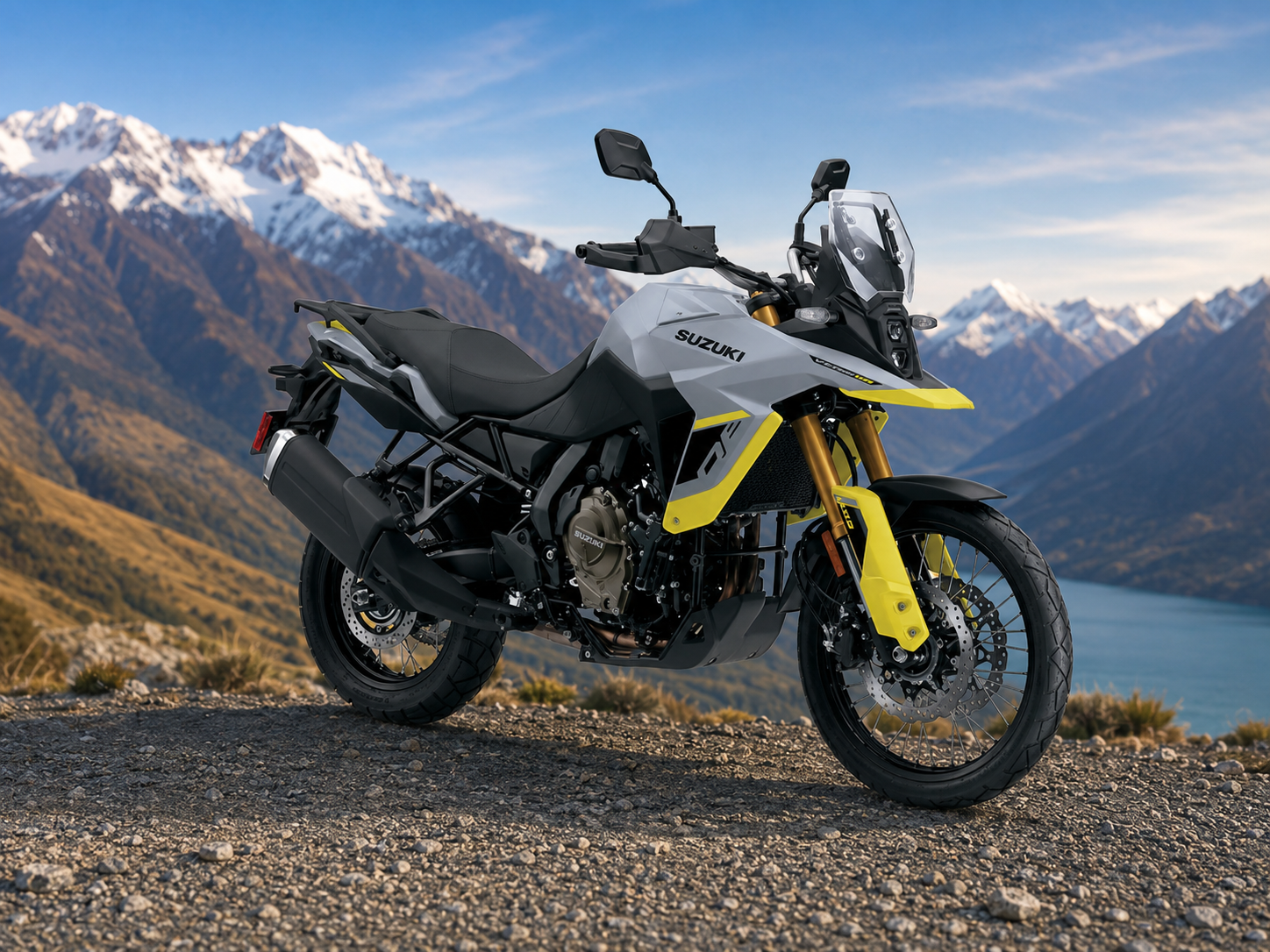 Suzuki adventure motorcycle with a windshield and knobby tires available for rental from Rideabikenz in New Zealand.