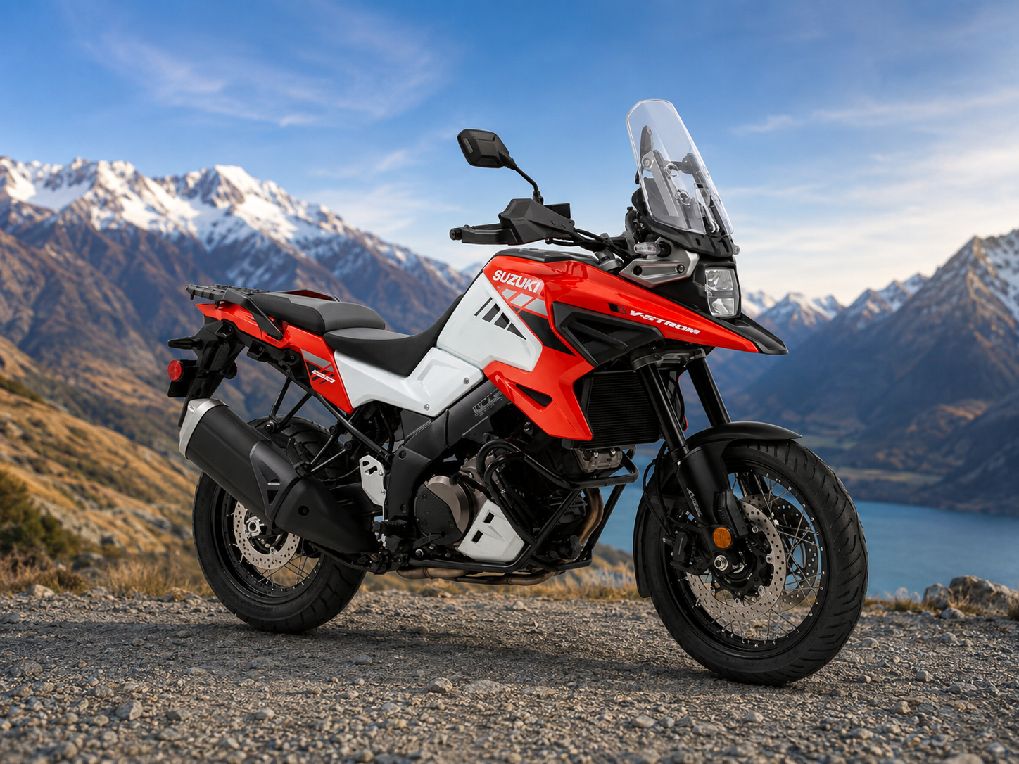 Red and white Suzuki V-Strom motorcycle with a windshield and black tires on a white background.