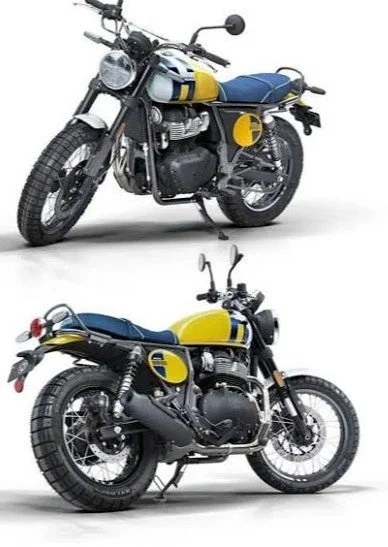 Side views of two vintage-style motorcycles with black frames, yellow and blue fuel tanks, and knobby tires, one with a more modern look and the other with a classic style.