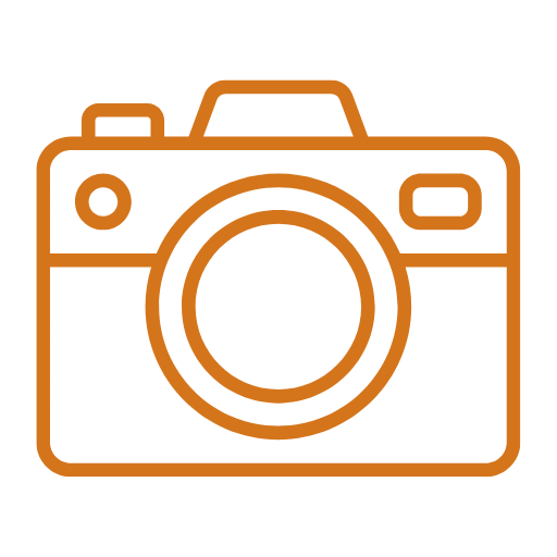 Outline drawing of a vintage camera with a large lens, in brown color.