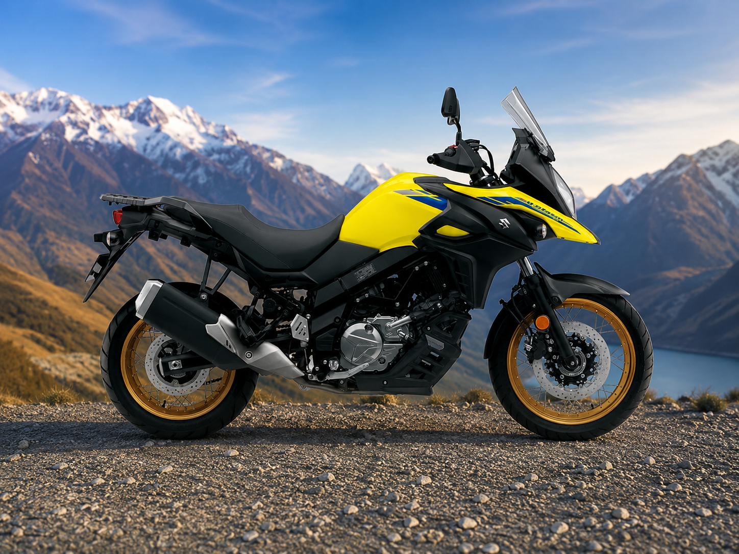 Yellow and black adventure motorcycle with gold wheels and a clear windscreen.