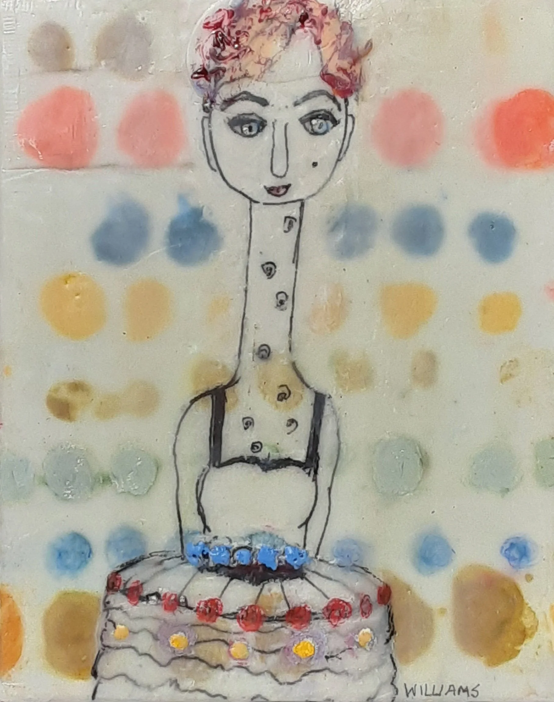 Cake Lady, encaustic and mixed media, 10" x 8"
