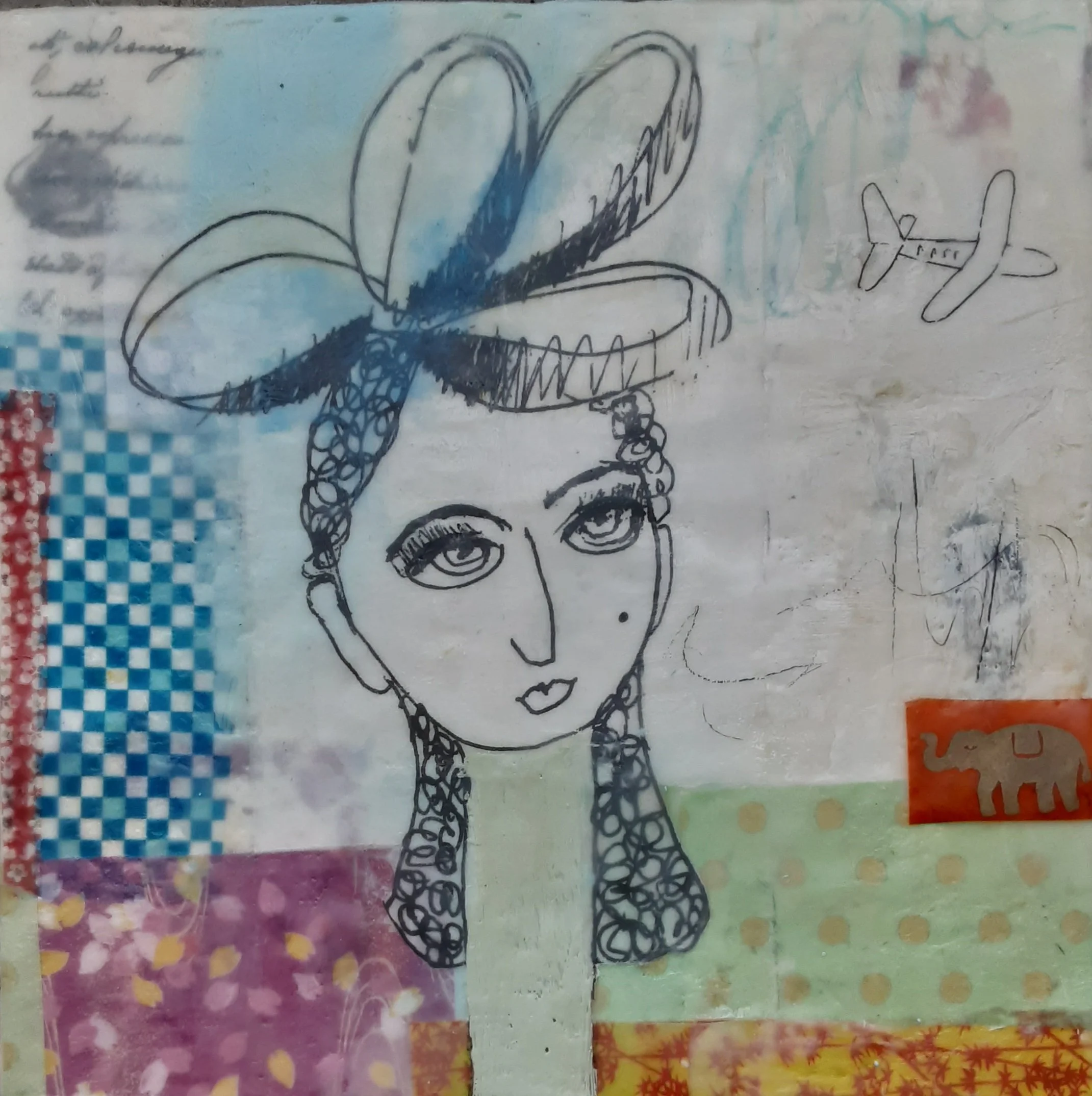 I'm Wondering, encaustic and mixed media, 12" x 12"