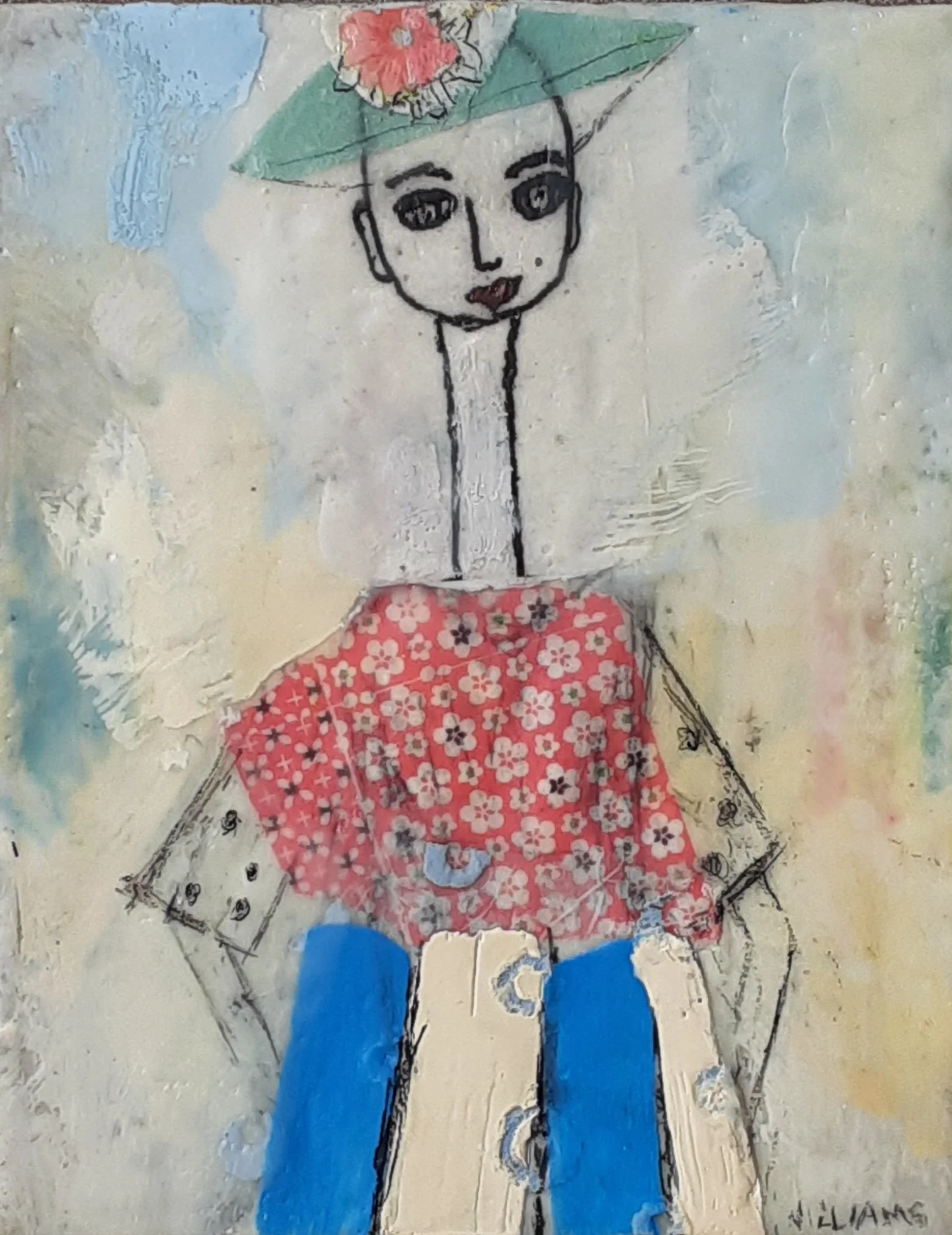 Dress For Success, encaustic and mixed media, 12" x 12"