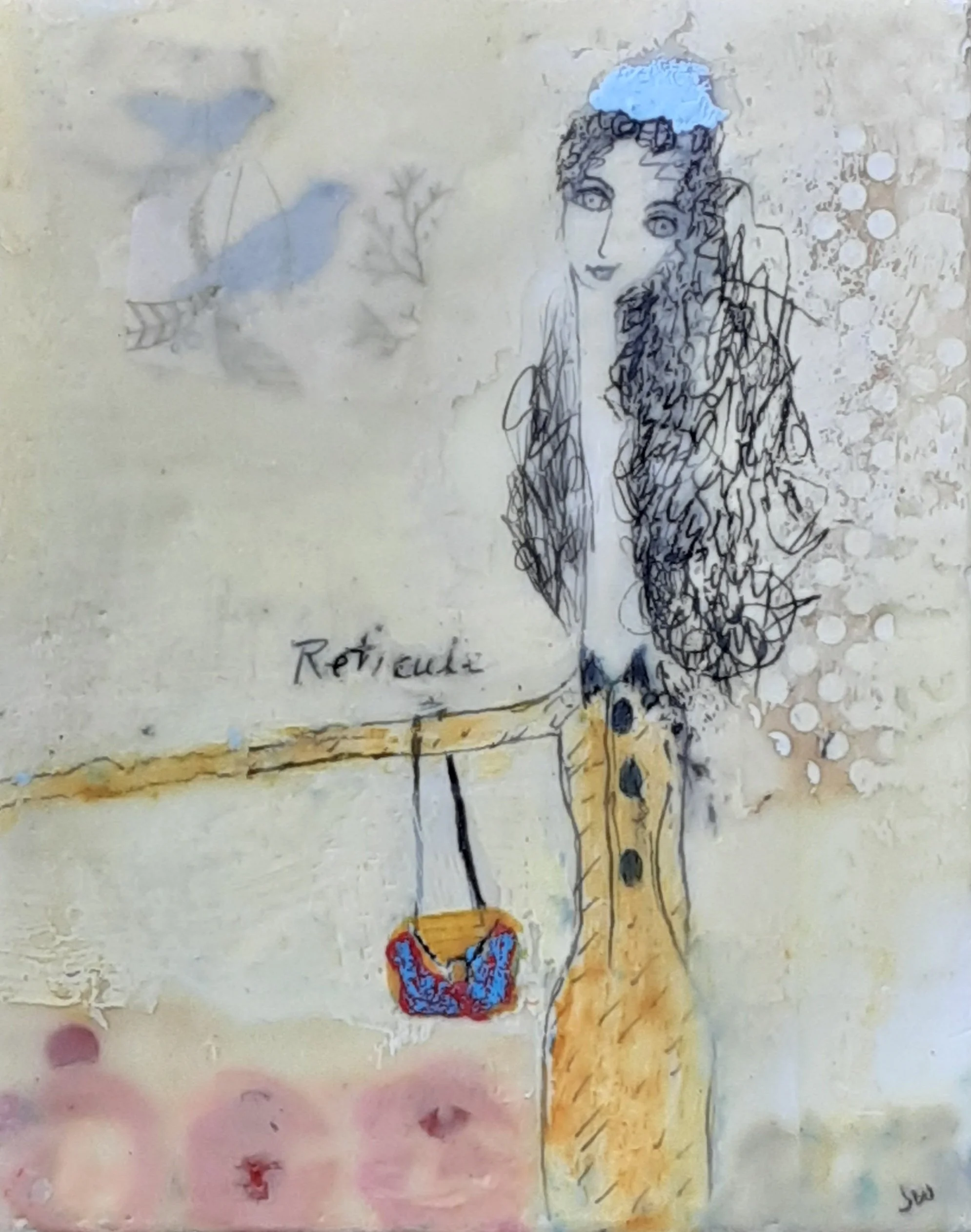 Reticule, encaustic and mixed media, 10" x 8"