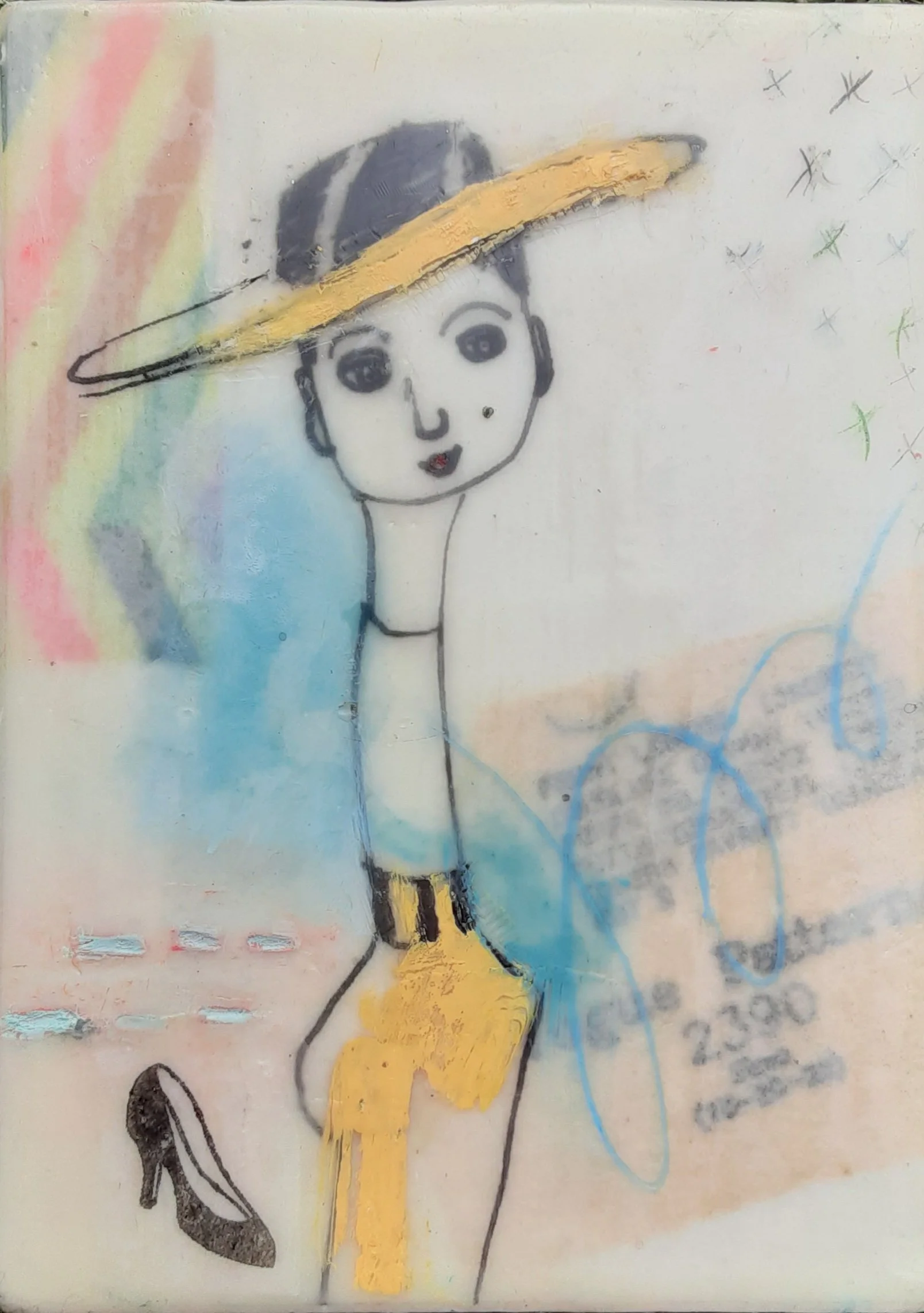 In Vogue, encaustic and mixed media, 7" x 5"