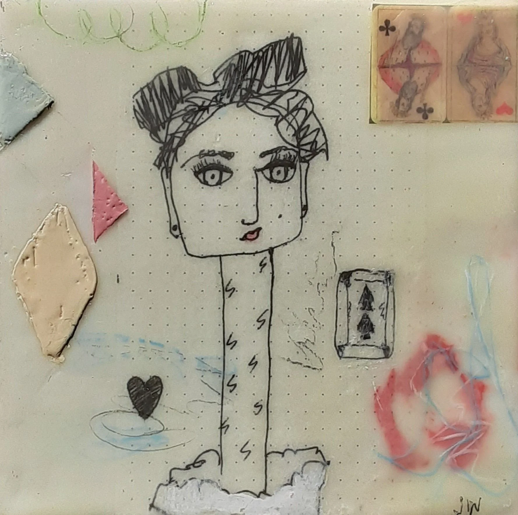 Play Your Cards, encaustic and mixed media, 6" x 6"