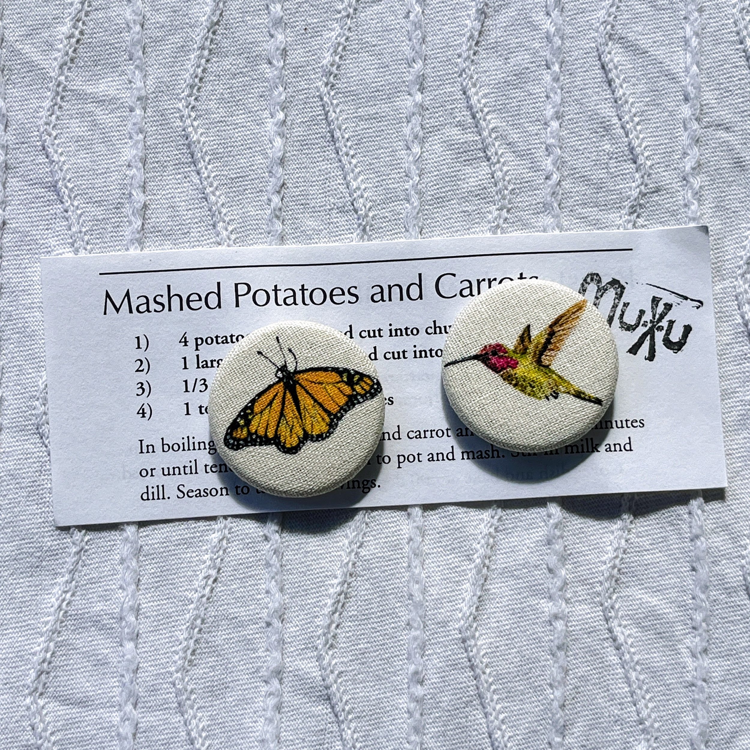 Fabric Pin From Watercolors Print: Art in Miniature, Monarch and Anna's Hummingbird