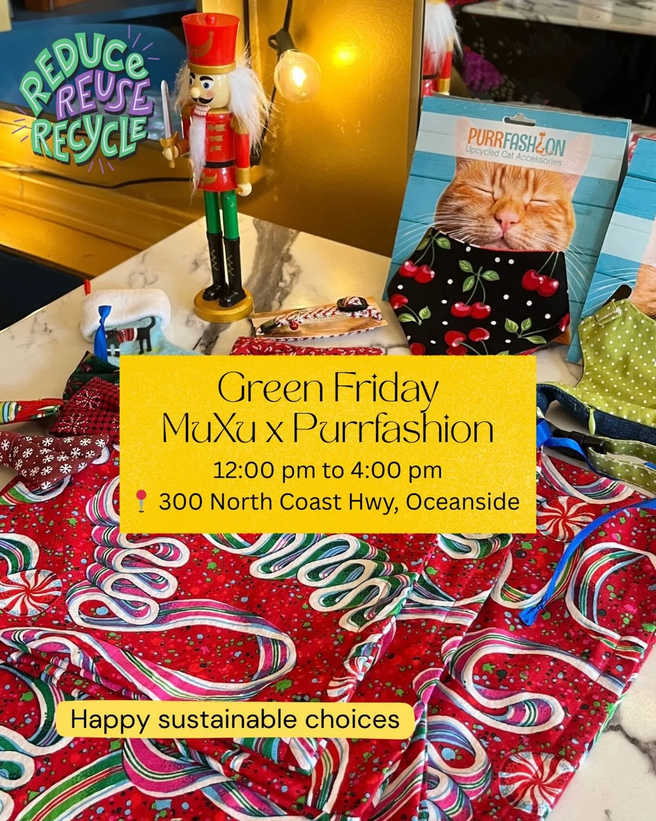 This Green Friday, @muxu.creations and @purrfashioncats are teaming up to offer reusable MuXu gift bags with your sustainable cat-accessory purchase at the Oceanside Green Friday Fair.

A small gift with a big purpose:

Purrfashion&rsquo;s handmade c