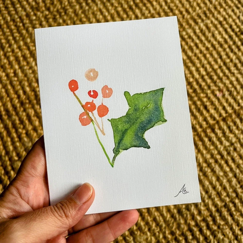 Holly Plant Watercolor Greeting Card: Minimalist Holiday Art, Handmade in San Diego

I painted this loose-style watercolor of a holly plant for those who love simplicity and elegance, no matter the holiday.

🌟Order now to be sure it arrives on time,