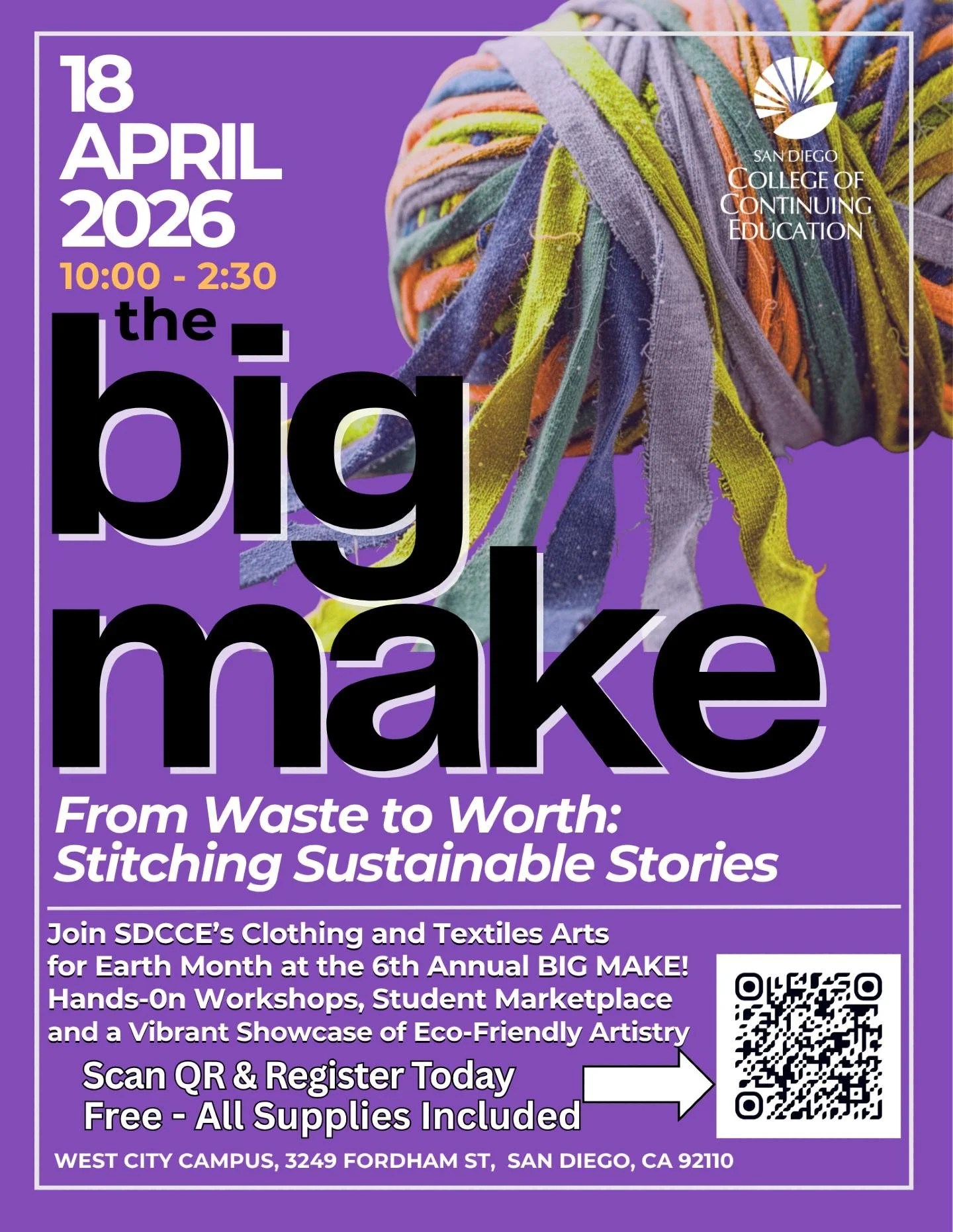 Celebrate Earth Month with us this Saturday!!

Join us at the @sdcceedu Clothing and Textiles Arts Marketplace at The BIG MAKE 2026.

This is a free event (register through Eventbrite, QR code in the post), and such a beautiful opportunity to see how