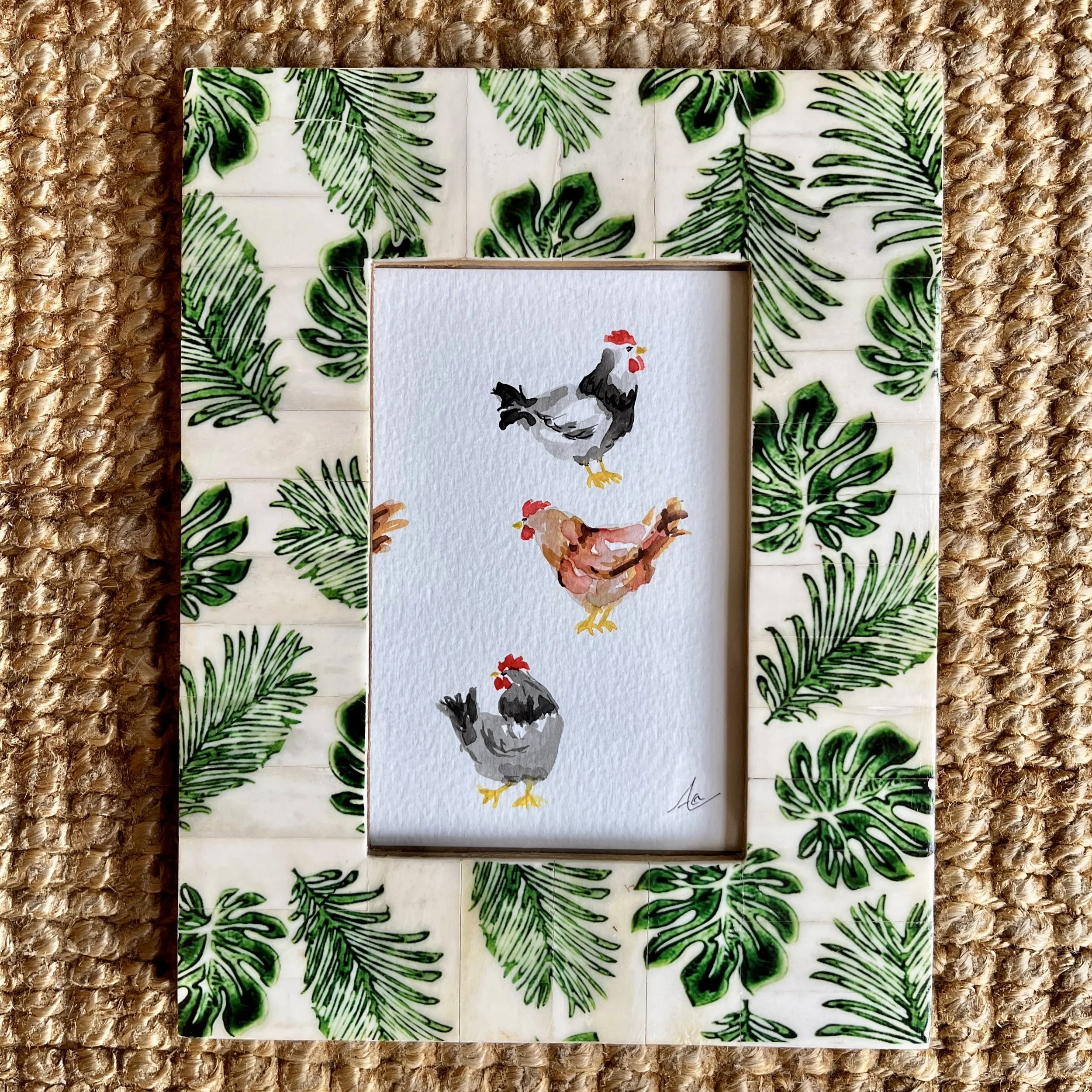 Original Watercolor Painting (Framed): Chickens' Conversations 1