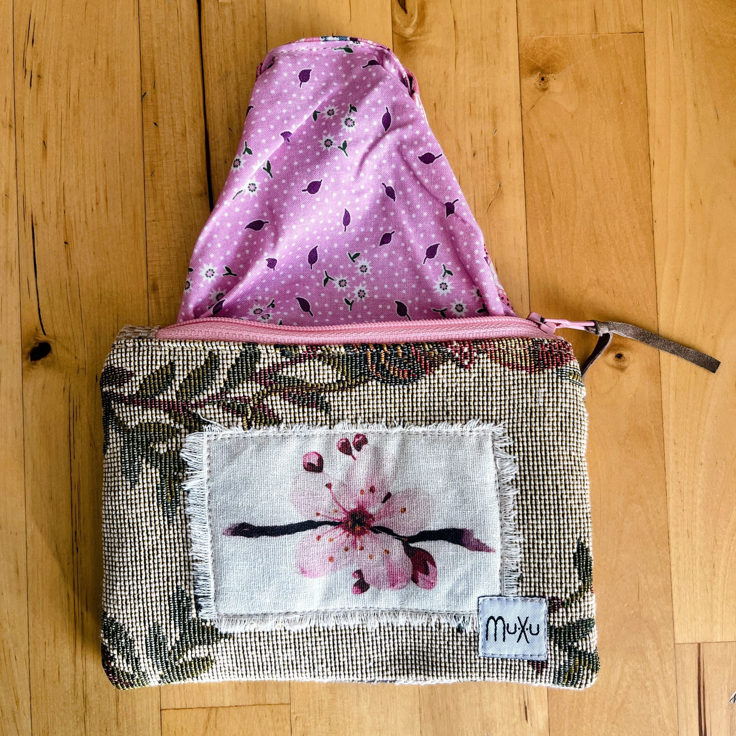 Handmade Zipper Pouch with Watercolors Print: Cherry Flower