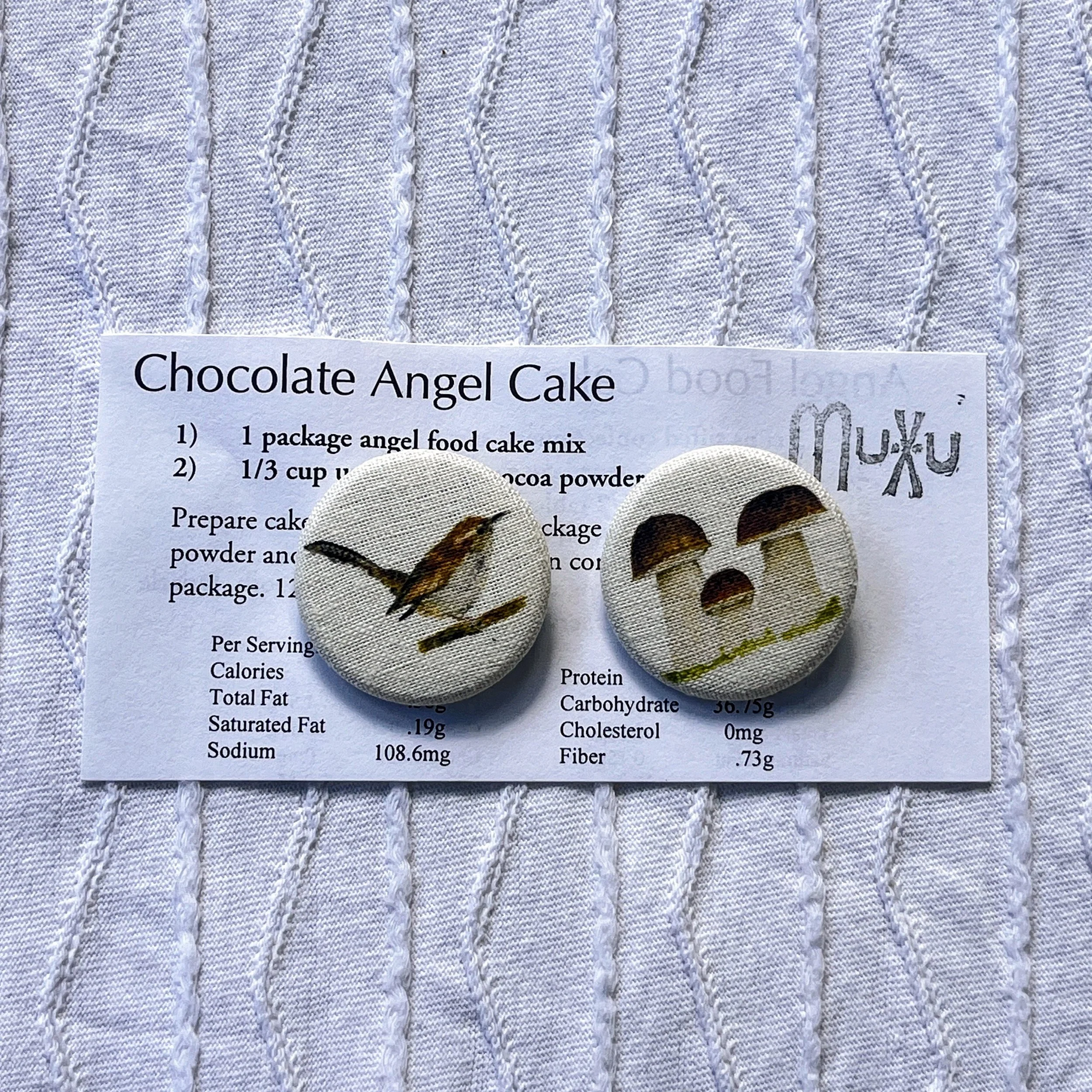 Fabric Pin From Watercolors Print: Art in Miniature, Wren and Mushroom
