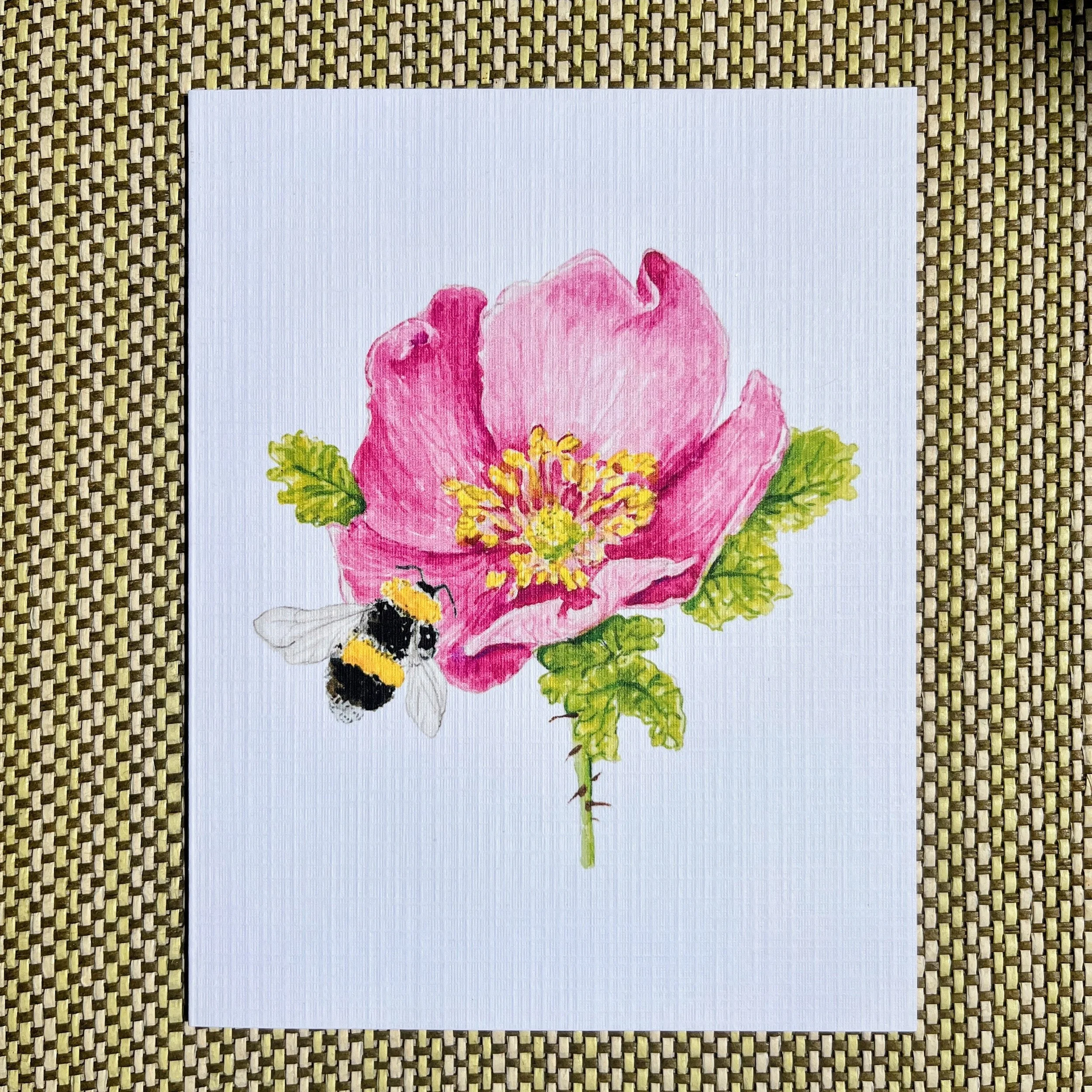 Pollinators Collection: Greeting Cards From Watercolors, Small Leaved Rose and Bumblebee