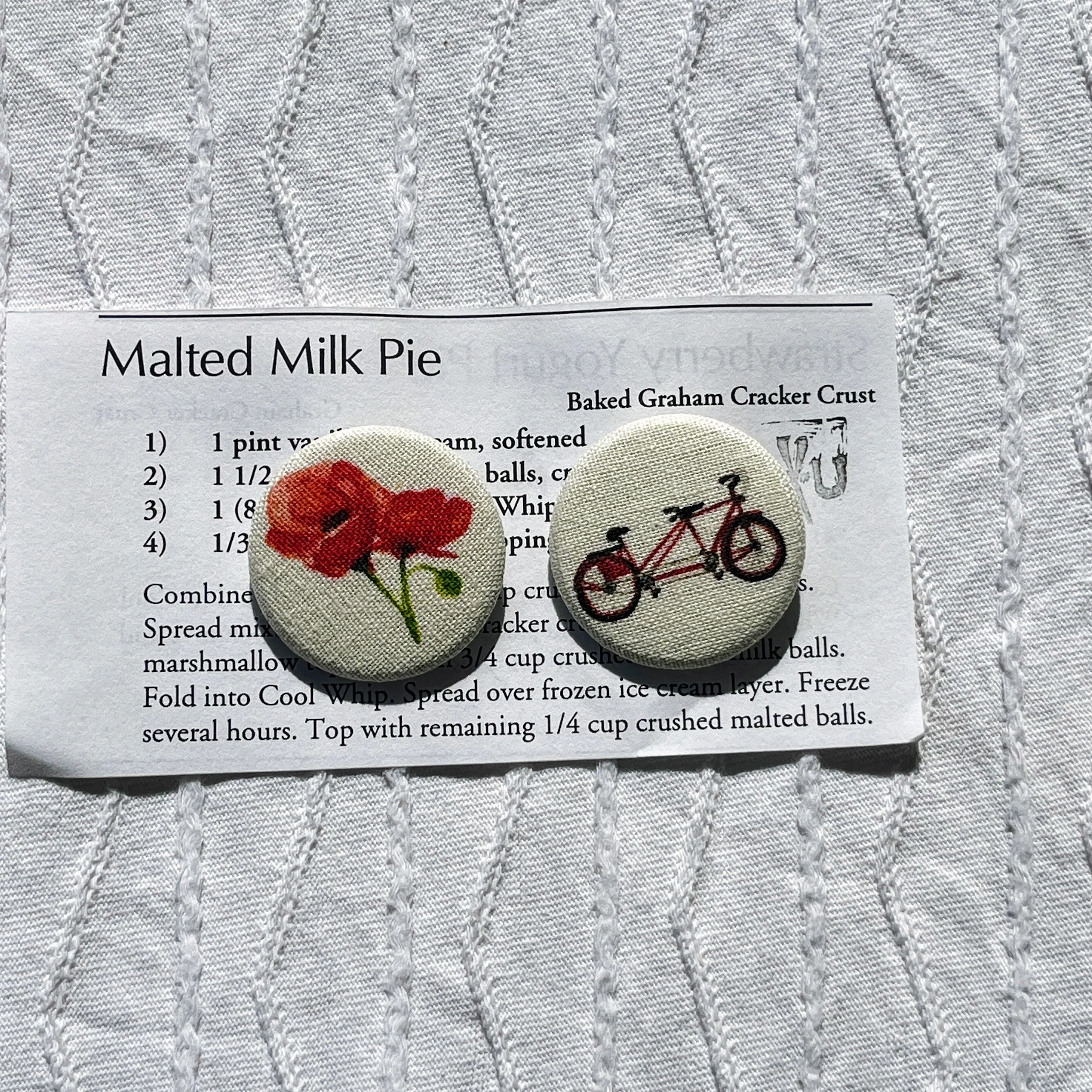 Fabric Pin From Watercolors Print: Art in Miniature, Poppy and Bicycle