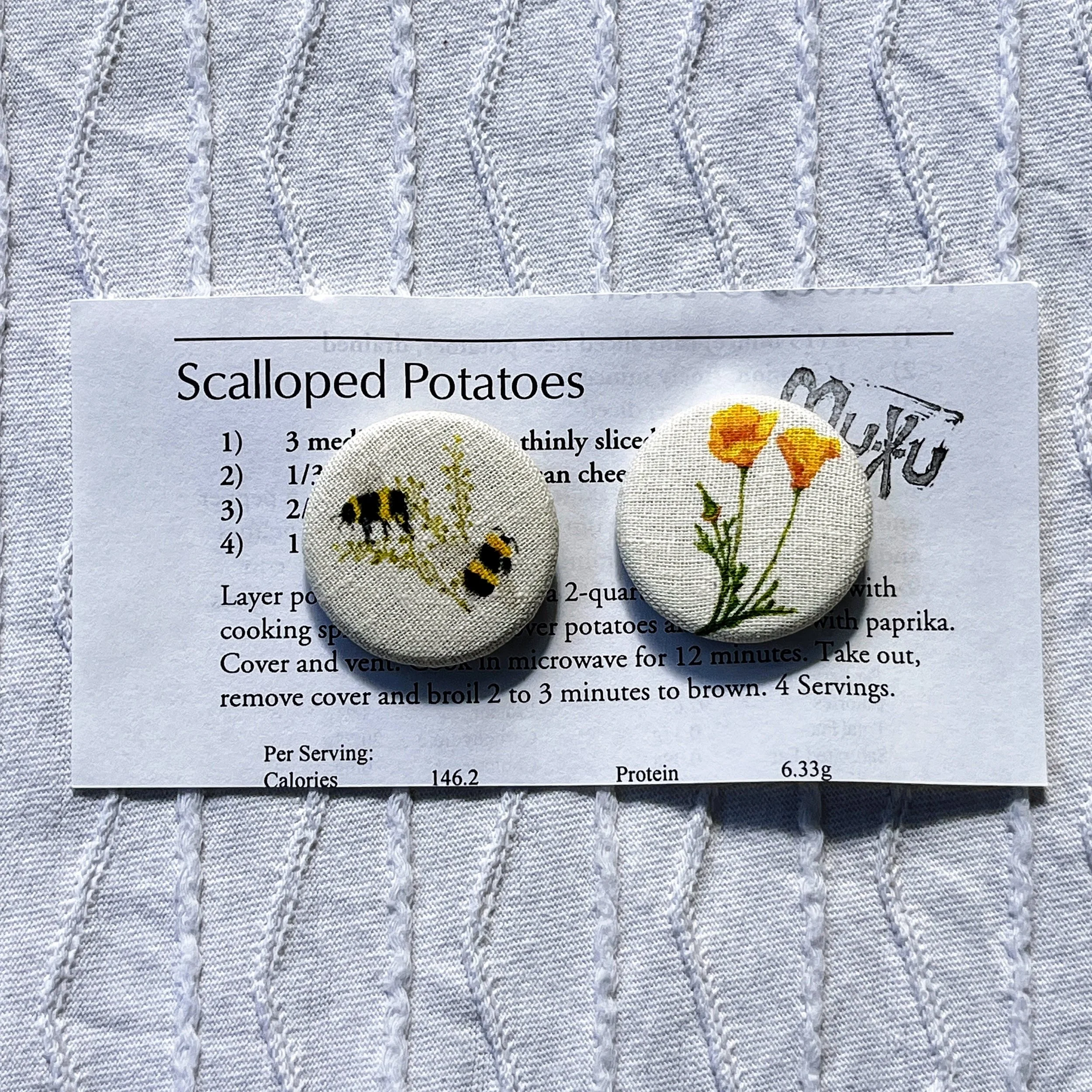 Fabric Pin From Watercolors Print: Art in Miniature, Bee and California Poppy