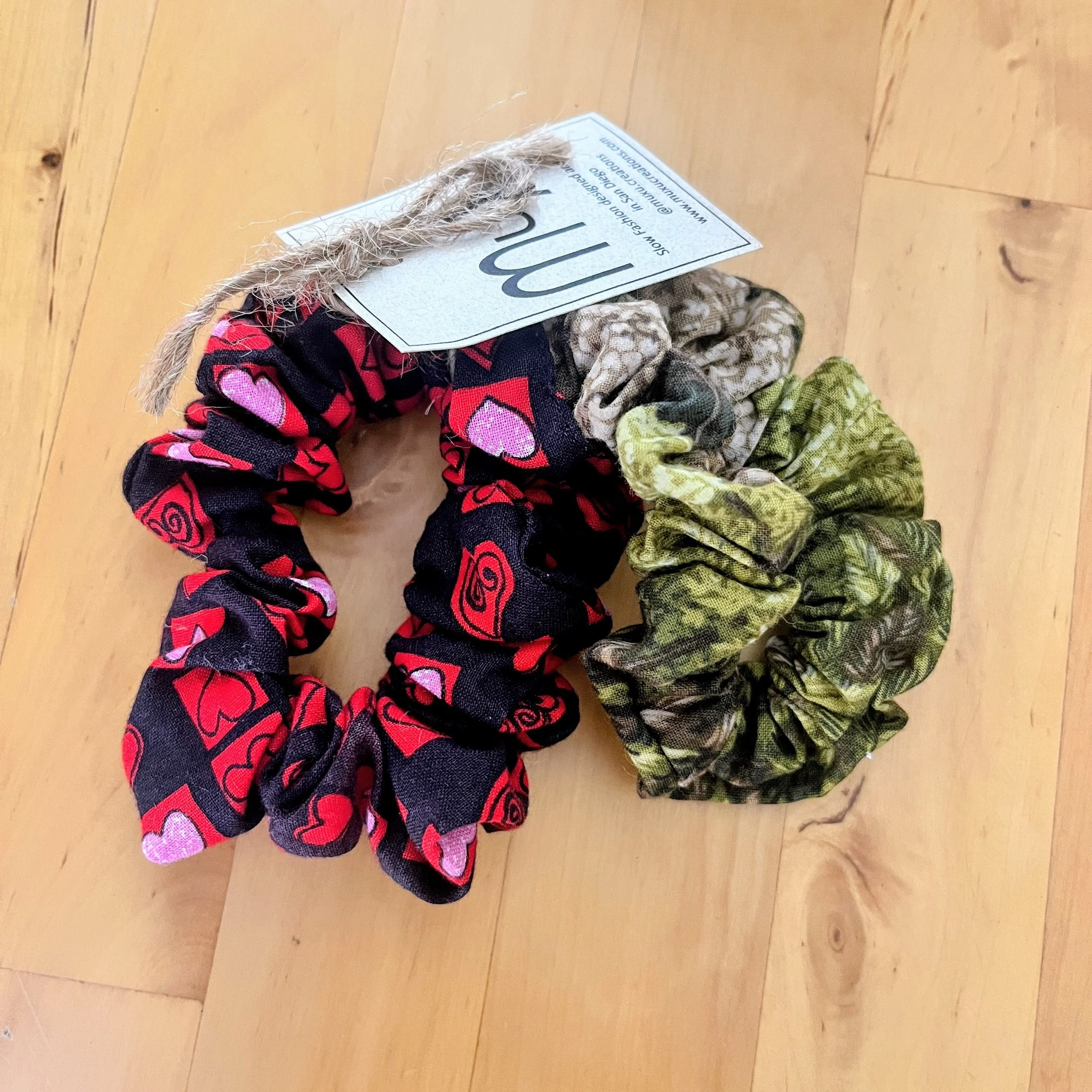 Scrunchies Made From Scraps Of Scraps!  Set of Two: Heart and Green