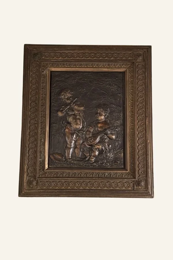 Italian bronze cherub plaque framed