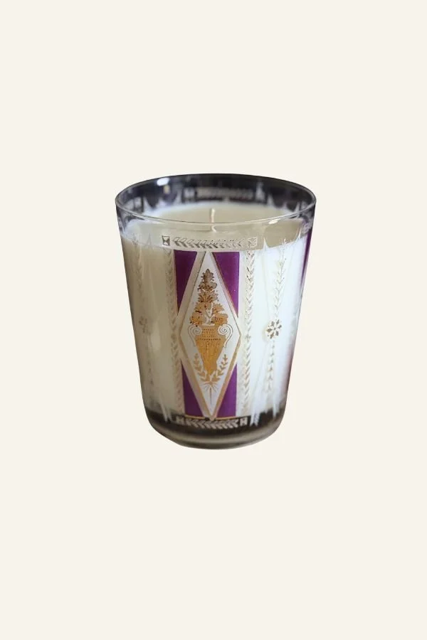 Purple and gold glass candle